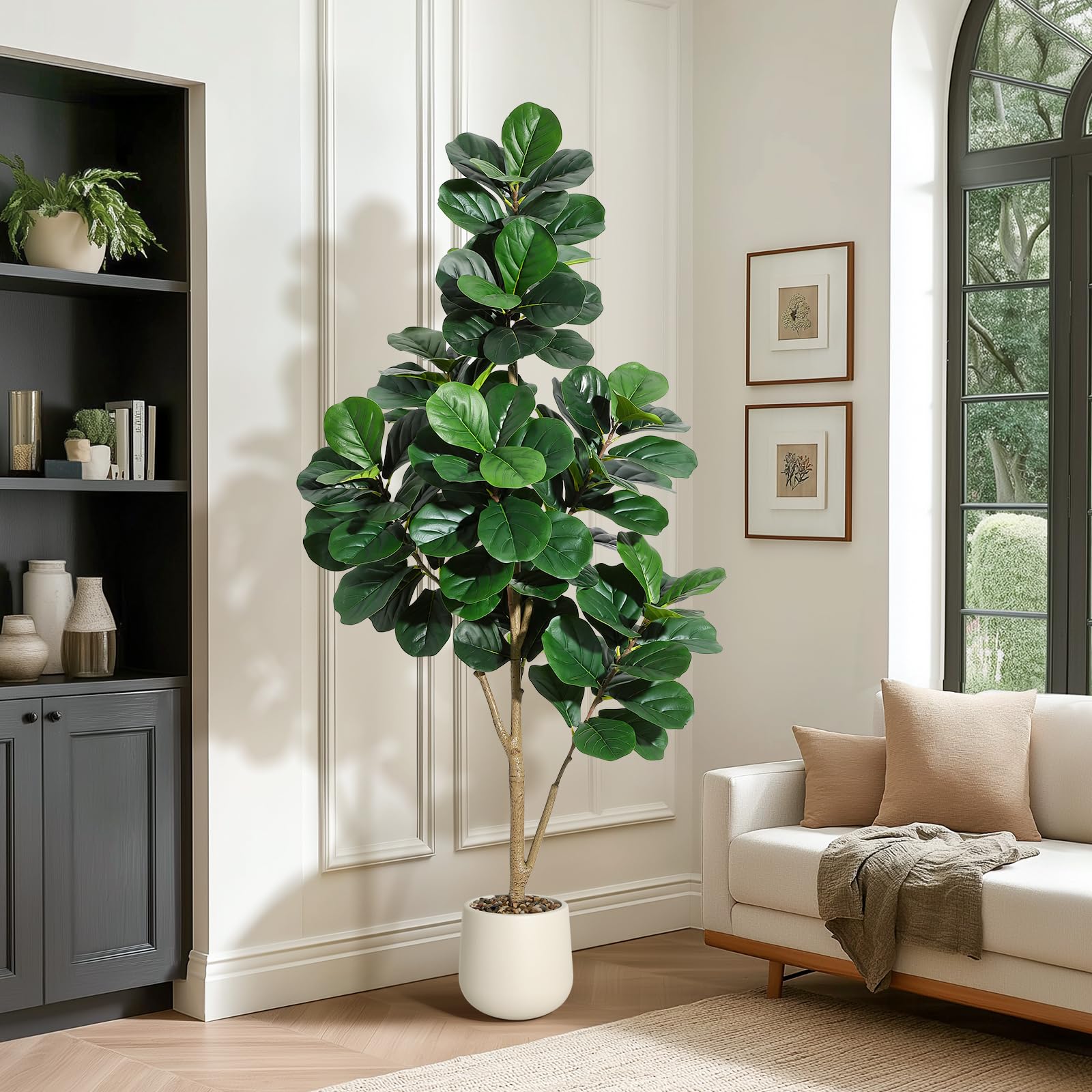 Albero artificiale di Ficus Lyrata Garvee da 6 piedi con 108 foglie, vaso bianco da 9 pollici, soggiorno e ufficio, facile da pulire