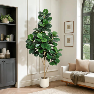 Albero artificiale di Ficus Lyrata Garvee da 6 piedi con 108 foglie, vaso bianco da 9 pollici, soggiorno e ufficio, facile da pulire
