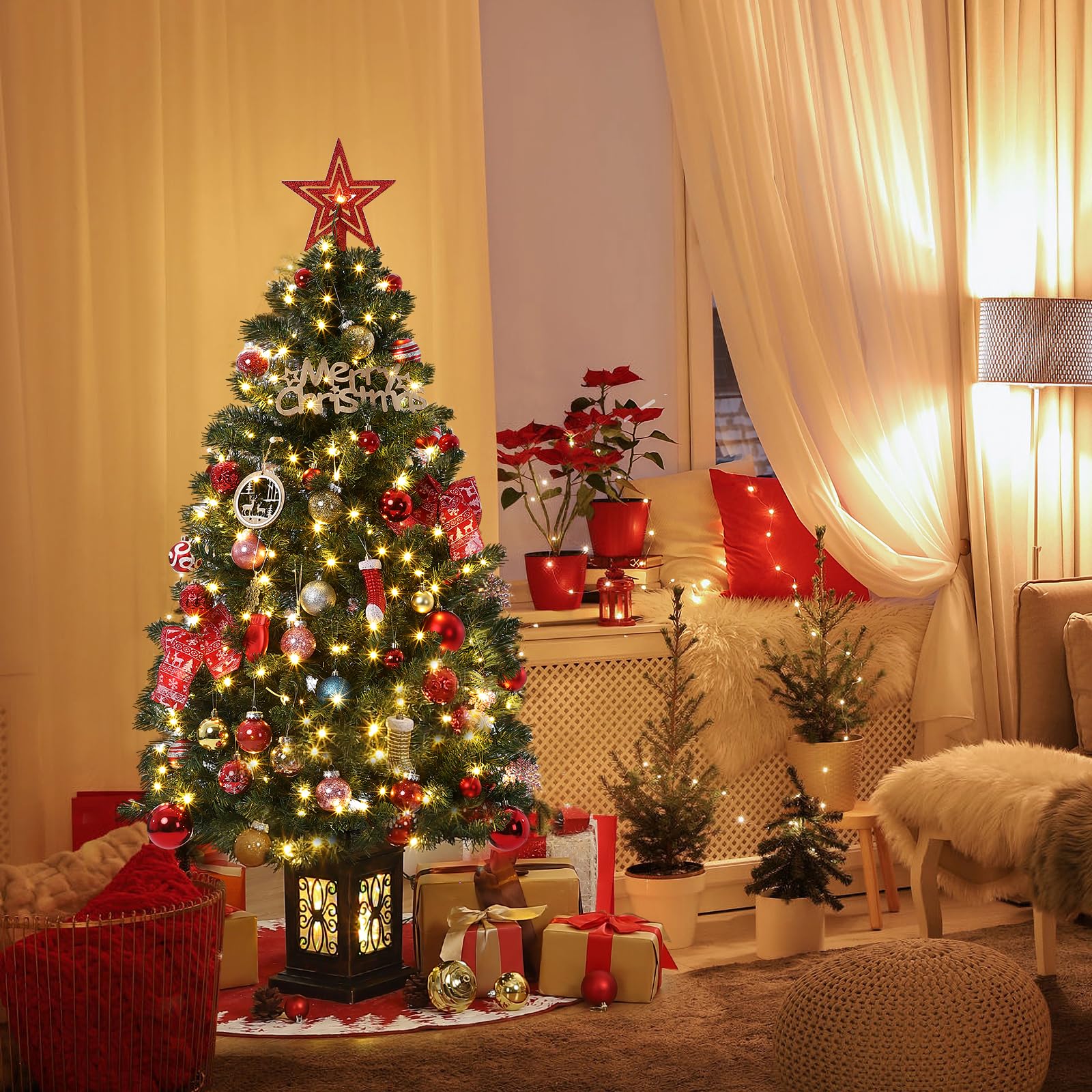 Albero di Natale vintage Garvee da 145 cm con struttura in metallo, 300 LED, 8 modalità, spina UE e scatola luminosa a forma di uccello a nove teste
