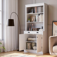 Libreria Garvee alta 71" con cassetto, 5 ripiani, ripiani regolabili, legno, ante a persiana, bianca per soggiorno e ufficio, robusta e versatile