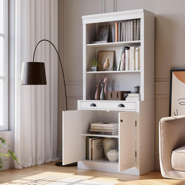 Libreria Garvee alta 71" con cassetto, 5 ripiani, ripiani regolabili, legno, ante a persiana, bianca per soggiorno e ufficio, robusta e versatile