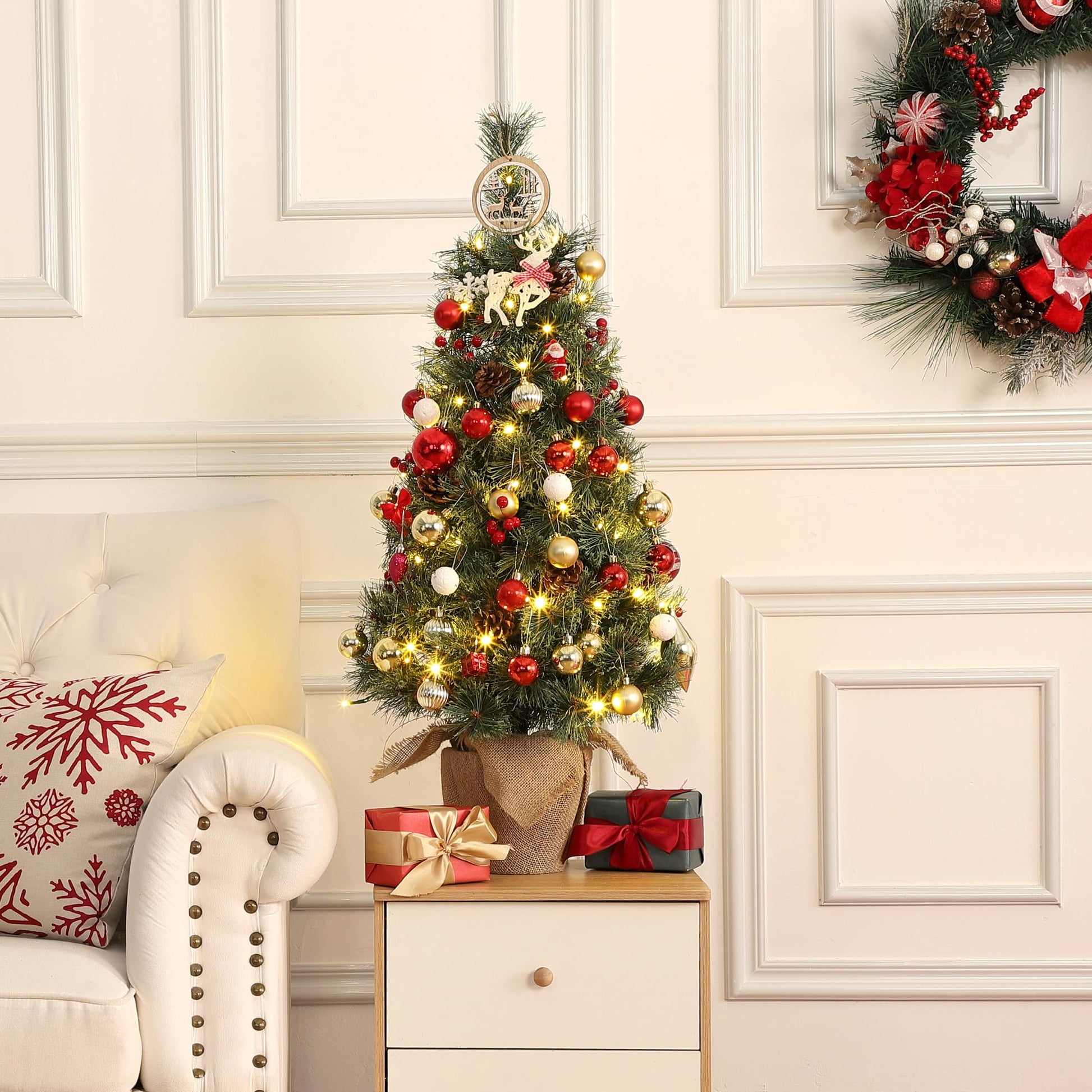 Albero di Natale Garvee da 90 cm con base in juta a LED – Albero di Natale artificiale con 150 LED bianchi caldi, ideale per soggiorni, uffici o piccoli spazi per decorazioni festive