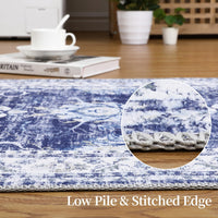 Tappeto lavabile Garvee 120x170cm antiscivolo a pelo corto in cotone vintage blu navy per soggiorno, sala da pranzo, ufficio