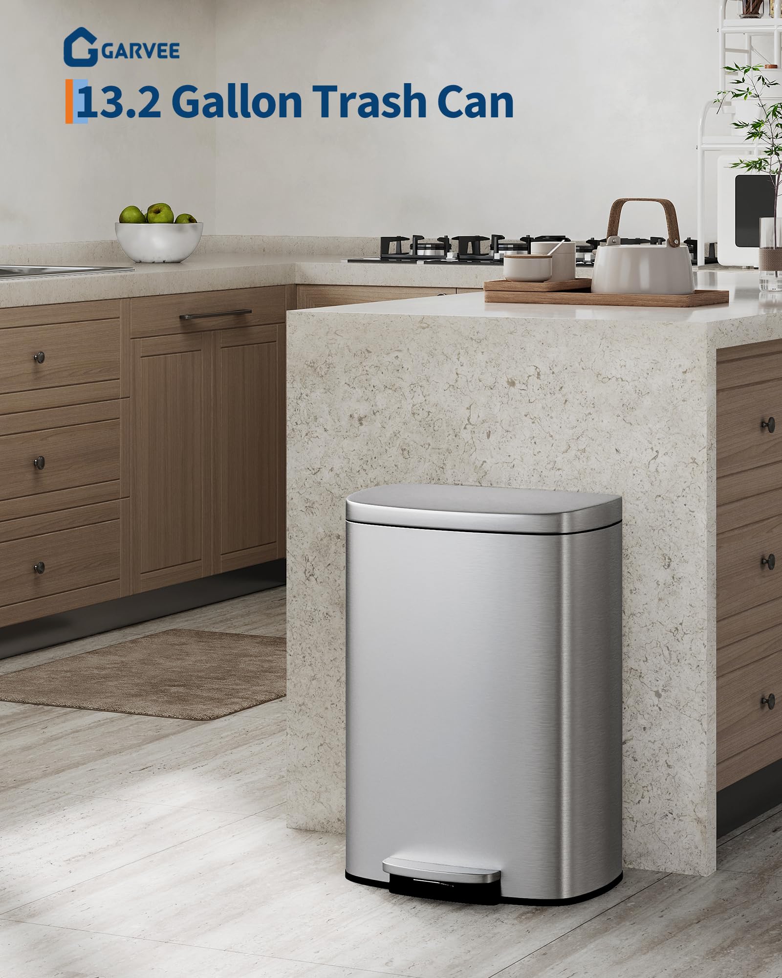 Pattumiera da cucina Garvee in acciaio inox da 13 galloni con coperchio, chiusura ammortizzata, maniglia ergonomica, argento, per cucina e ufficio, 50 l