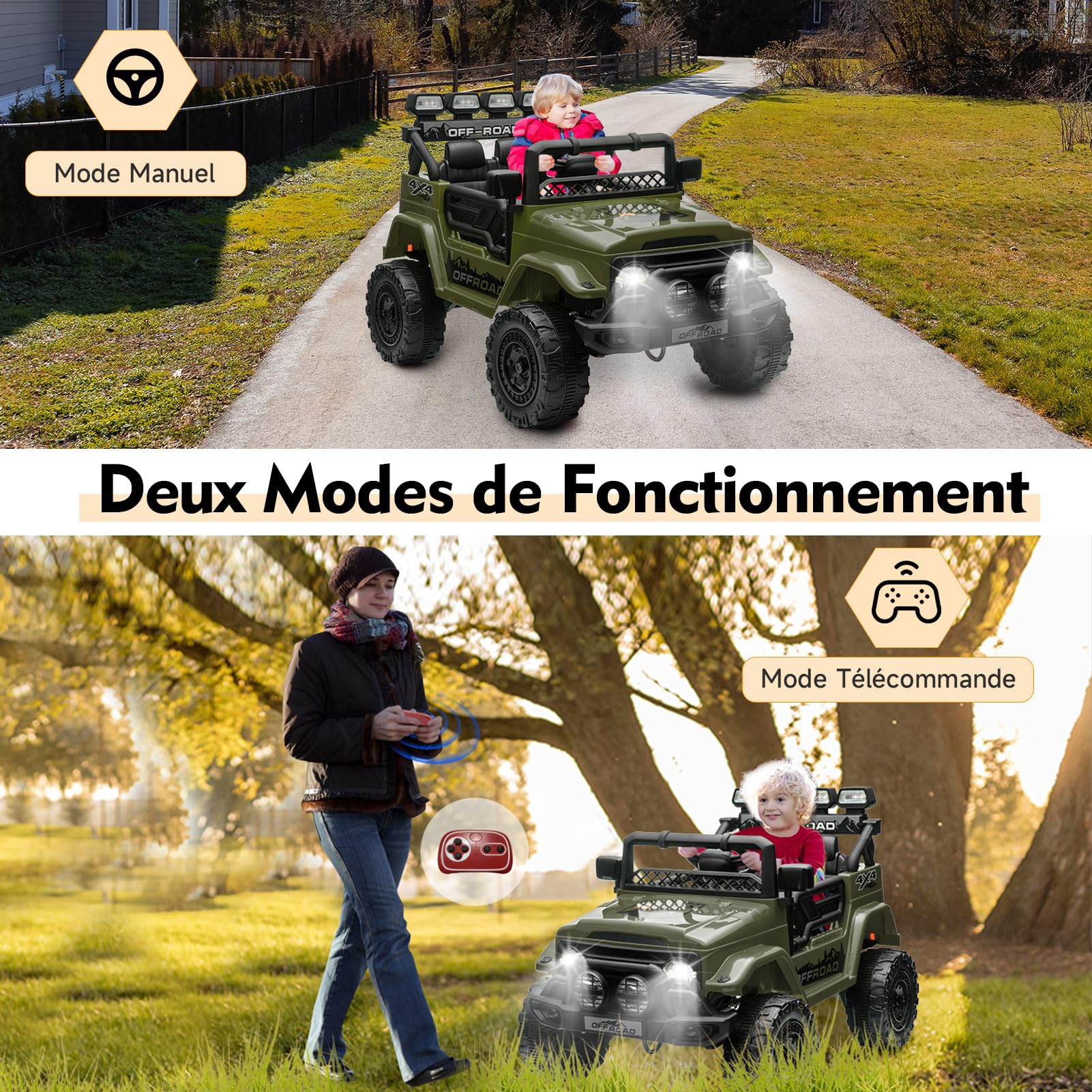 Garvee 12V Auto elettrica per bambini verde militare con LED e Bluetooth per parco giochi, giardino e guida su strada