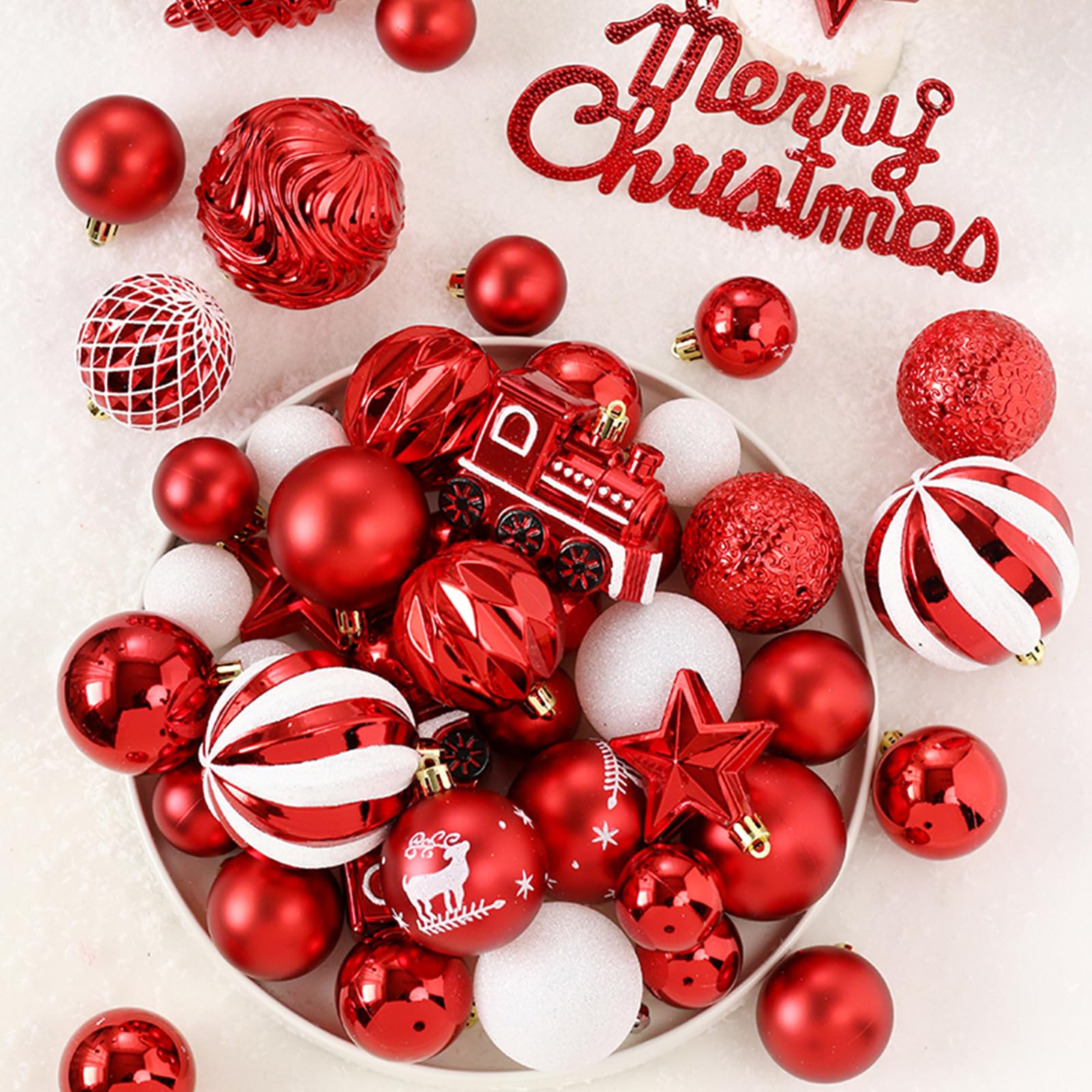 Set di palline di Natale Garvee da 65 pezzi, infrangibili, in plastica rossa e bianca, per decorazioni interne ed esterne