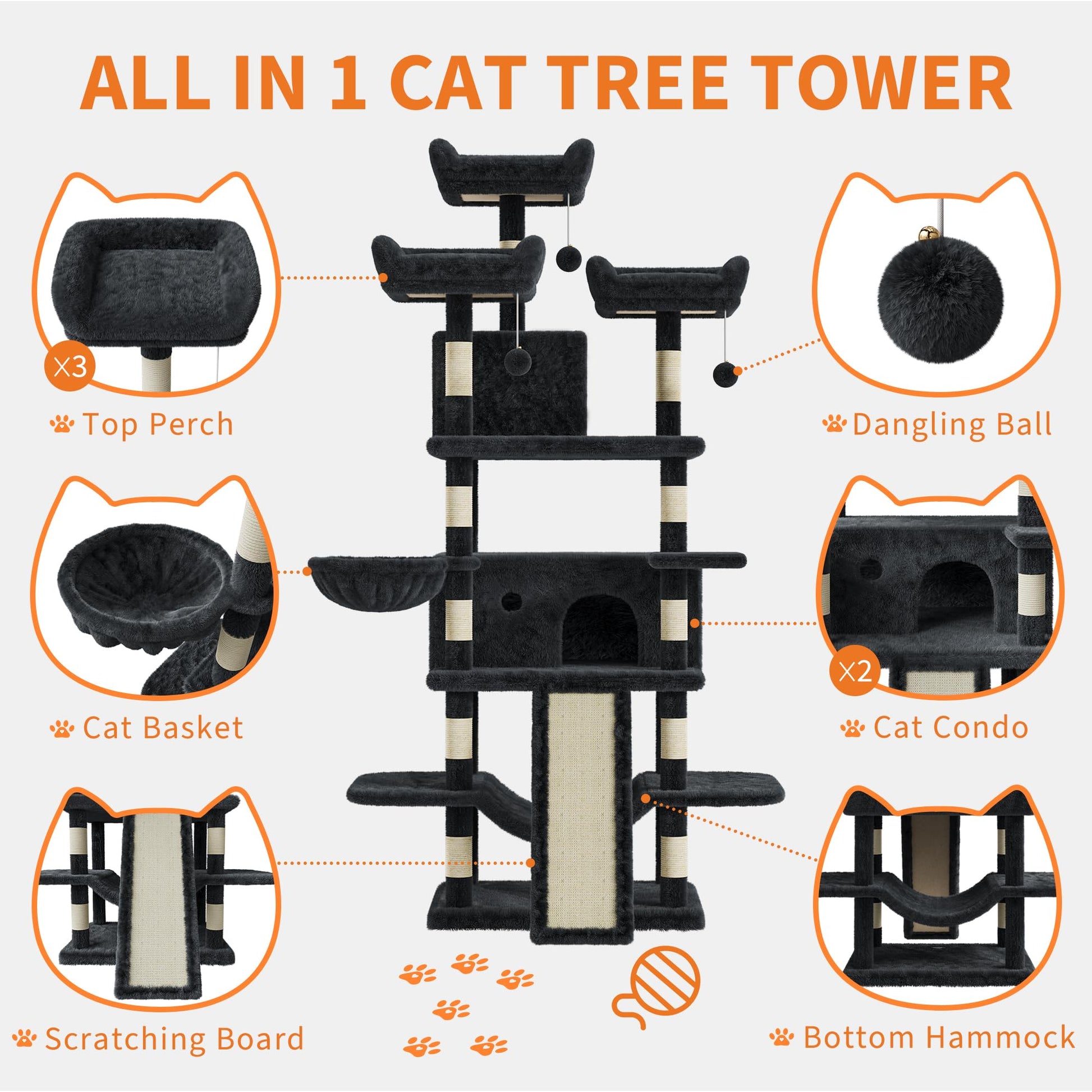 Albero per gatti Garvee Large Multi-Level da 68,5 pollici per gatti di grandi dimensioni da 20 libbre in su con tiragraffi in sisal, amache, cestino, grigio scuro, per interni