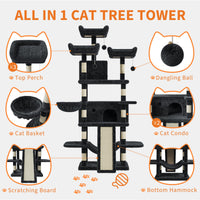 Albero per gatti Garvee Large Multi-Level da 68,5 pollici per gatti di grandi dimensioni da 20 libbre in su con tiragraffi in sisal, amache, cestino, grigio scuro, per interni
