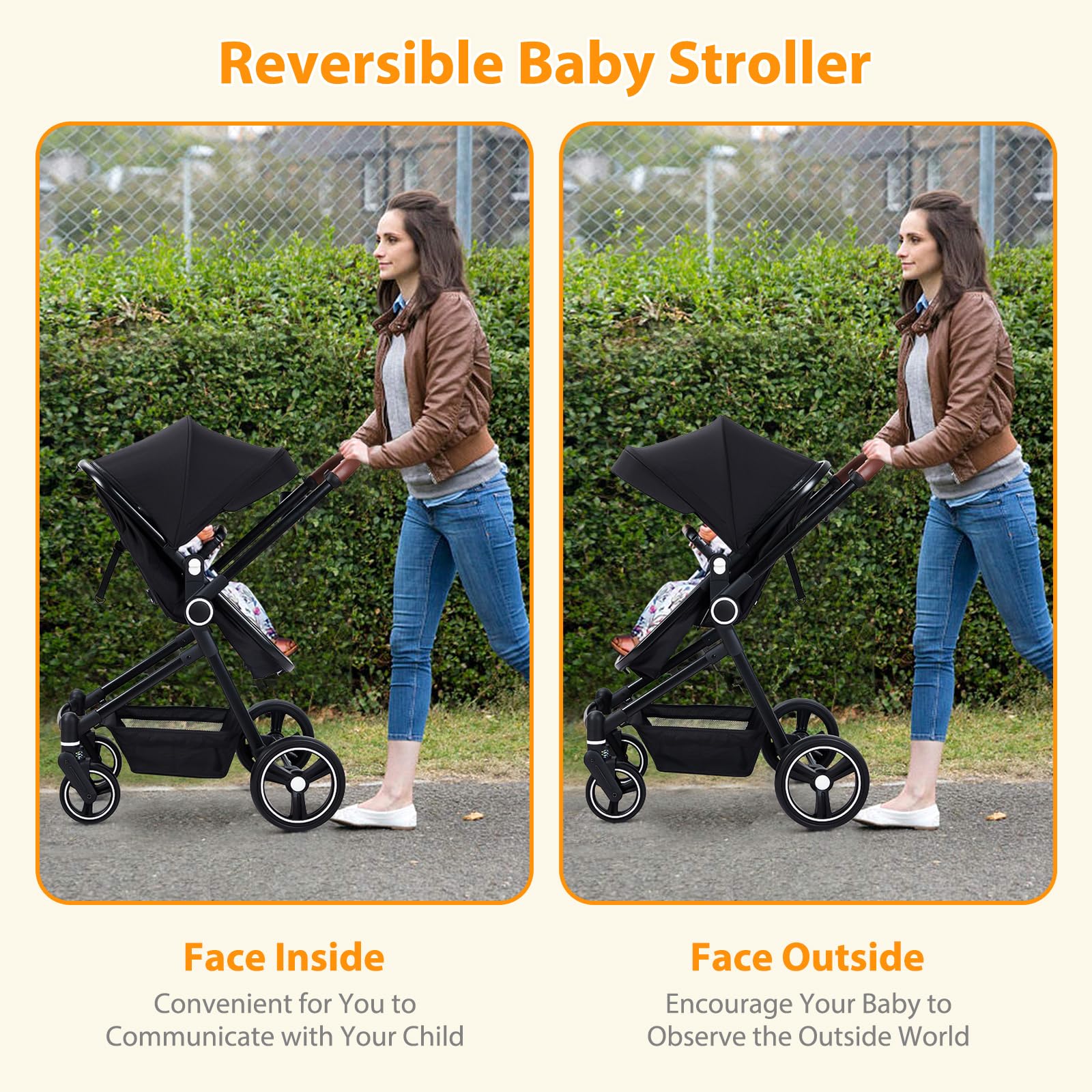 Garvee 3 in 1 Passeggino Set completo Nero con navicella, seggiolino per passeggino e seggiolino auto per bambini fino a 26 kg regolabile