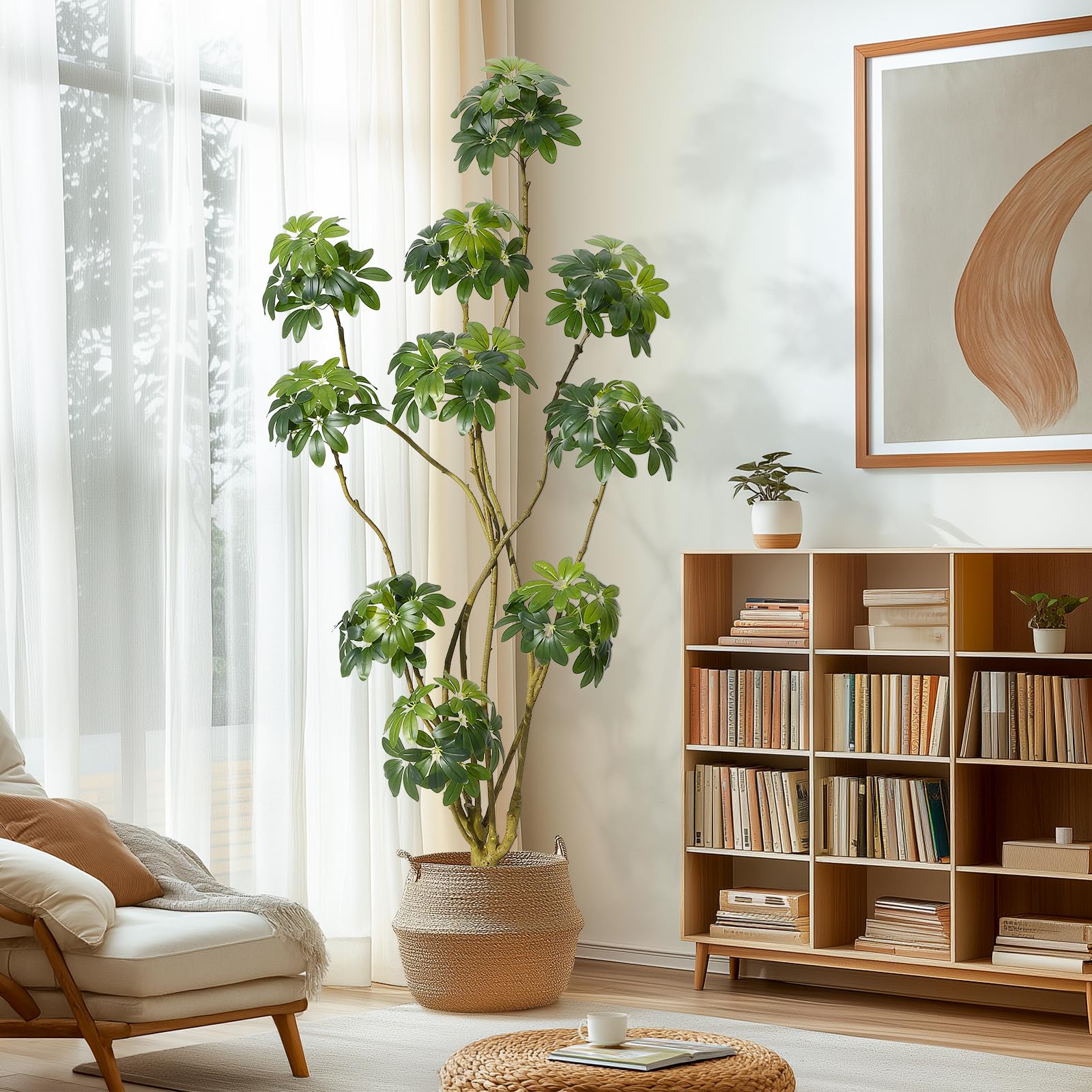 Garvee, albero artificiale da interni alto 7 piedi, ombrellone multi-stelo Schefflera bianco, fioriera in PE, stabile e facile da curare, per casa e ufficio