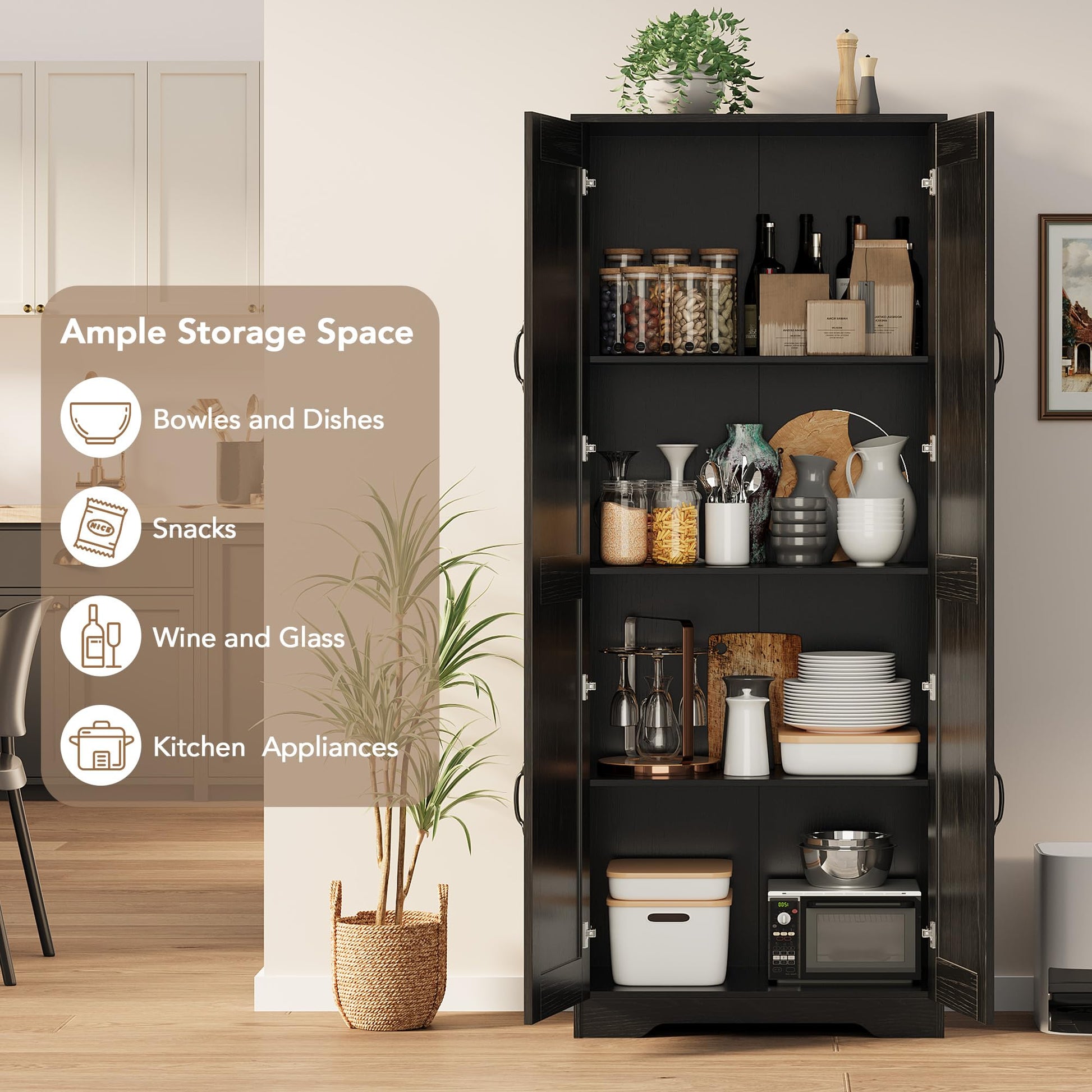 Mobile dispensa alto Garvee da 152.4 cm con 2 ante, ripiani regolabili, legno P2, maniglie in metallo, nero, per cucina e bagno, indipendente, 59.9 cm L x 30.2 cm P x 152.4 cm A