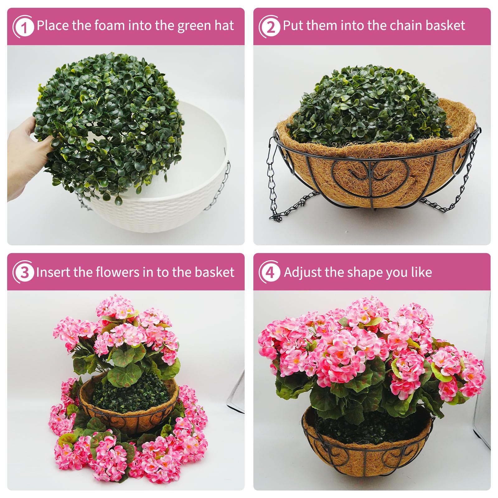 Garvee Set di fiori di bouganville artificiali con cesto per giardino e terrazza, rosa, resistente ai raggi UV, resistente alle intemperie