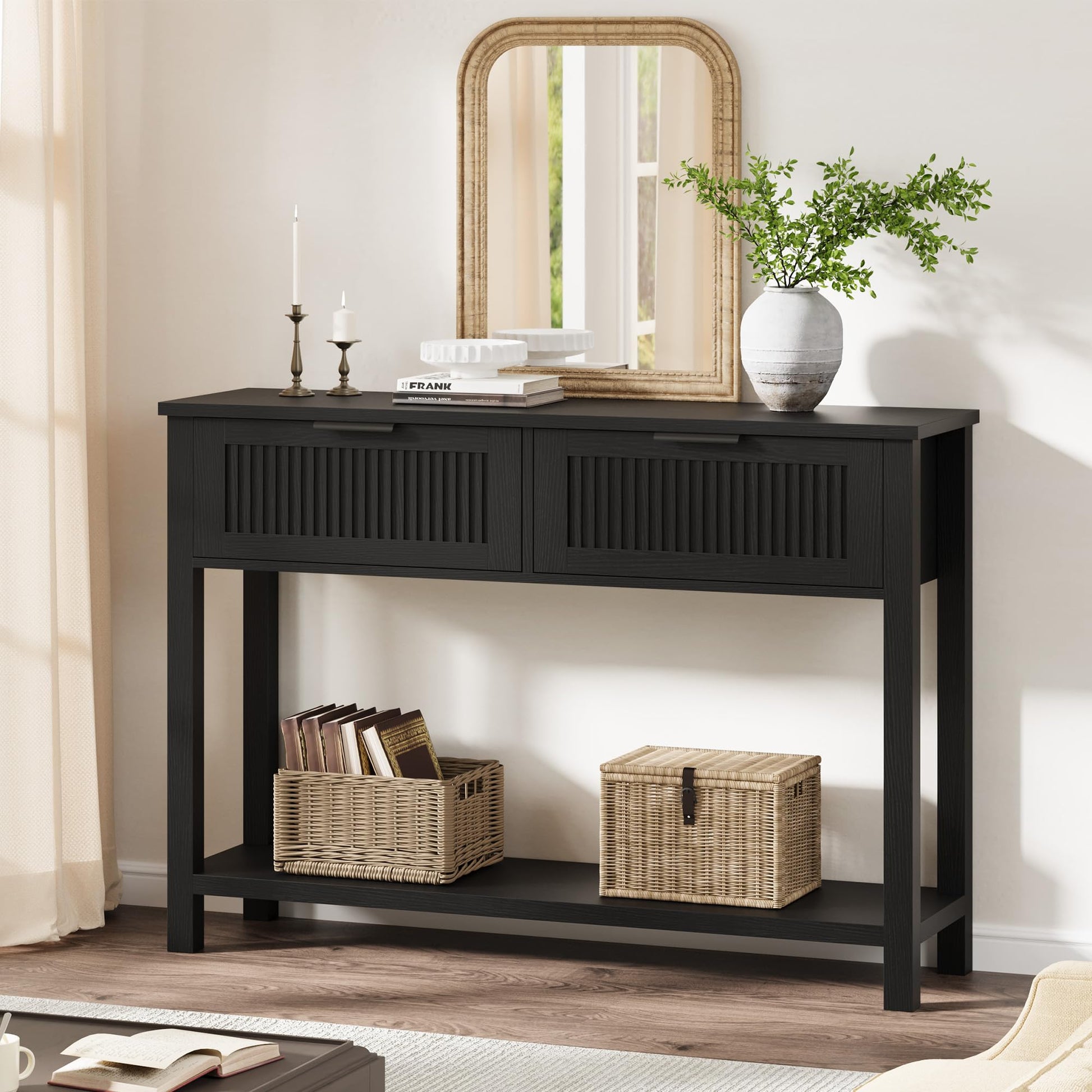 Tavolo da ingresso Garvee Farmhouse, consolle in legno, 43" con 2 cassetti e 2 ripiani, MDF, nero, soggiorno e corridoio, robusto e resistente ai graffi