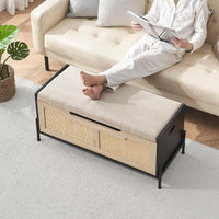 Garvee Panca Contenitore 39.4" in Rattan con Cuscino Nero e Rovere, Struttura Metallica Robusta, Maniglie Laterali Ergonomiche per Ingresso e Soggiorno