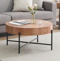 Tavolino da caffè rotondo in legno Garvee con 2 cassetti, gambe in metallo, stile rustico per soggiorno, stile fattoria, dimensioni medie, marrone