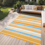 Garvee Tappeto Esterno 9x12 Moderno Geometrico Reversibile, Resistente UV, Impermeabile, Antiscivolo, Leggero, Pieghevole per Patio e Campeggio - Geometric Stripes| Orange Yellow Blue White
