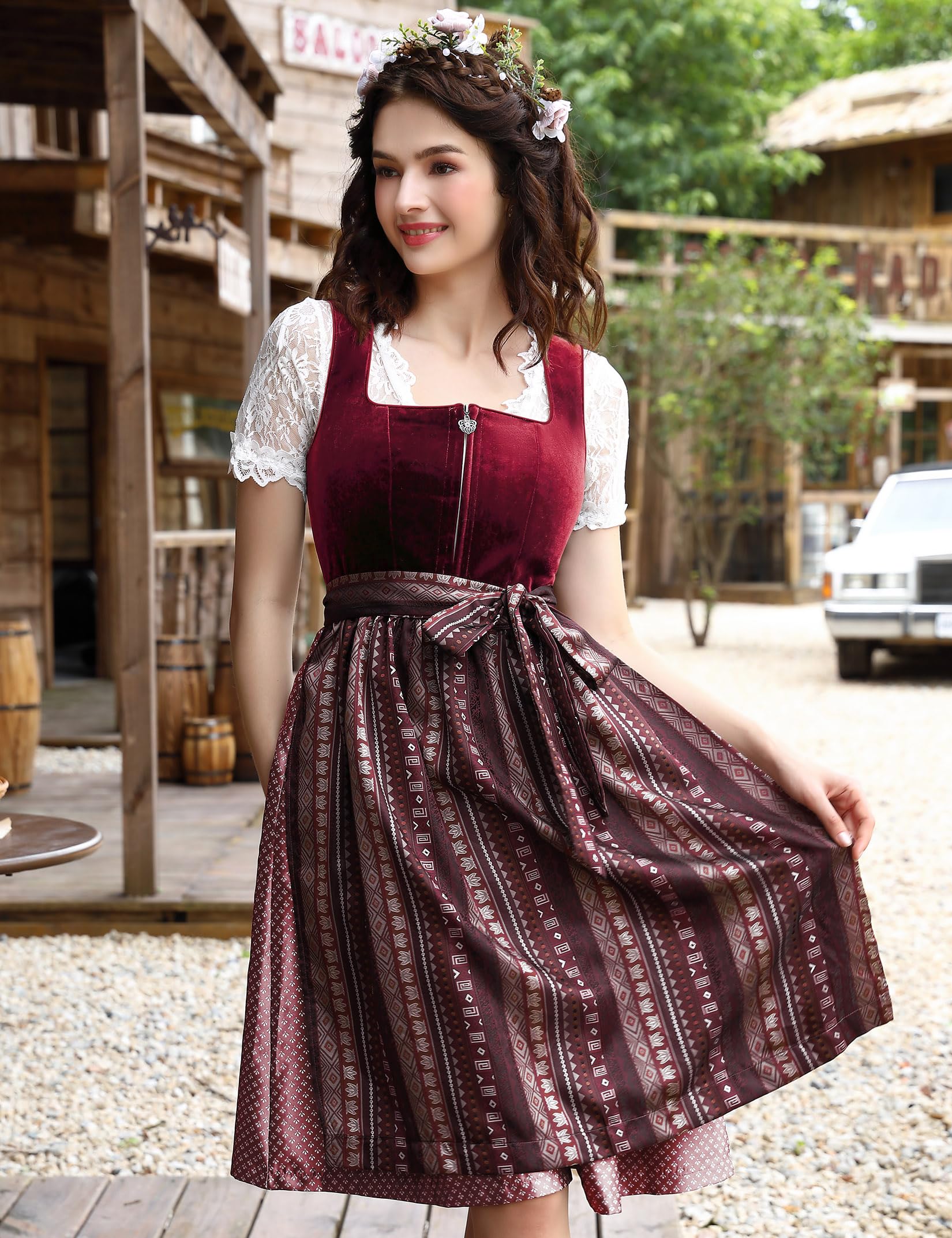 Garvee Velvet Dirndl Set 3 pezzi per donna Oktoberfest Abito tradizionale Gonna midi Nero Taglia 38