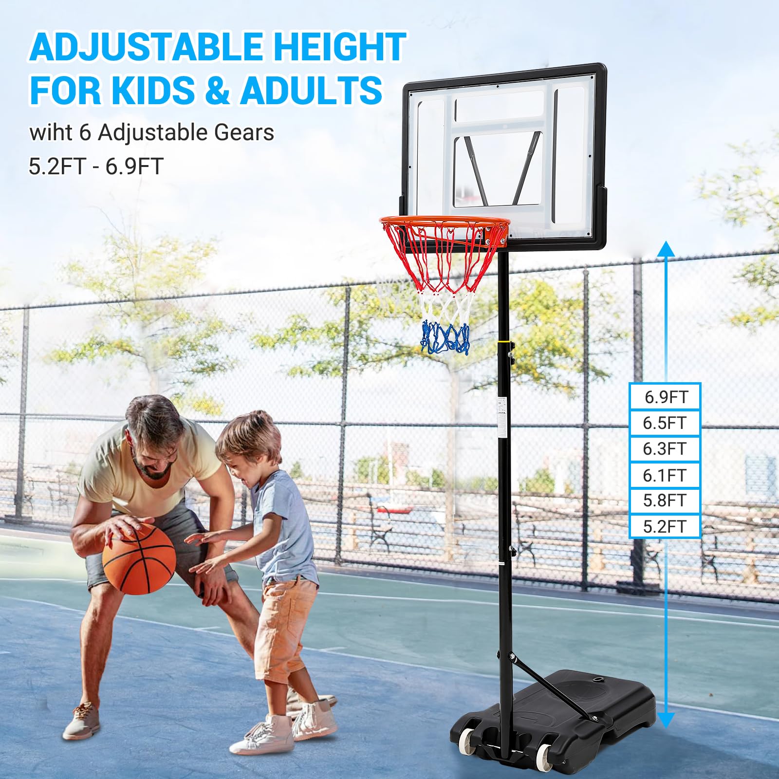 Canestro Basket Esterno Garvee Regolabile 5,2-7 Piedi - Tabellone HDPE 33" Infrangibile, Ruote, Acciaio Resistente Intemperie Giardino Cortile
