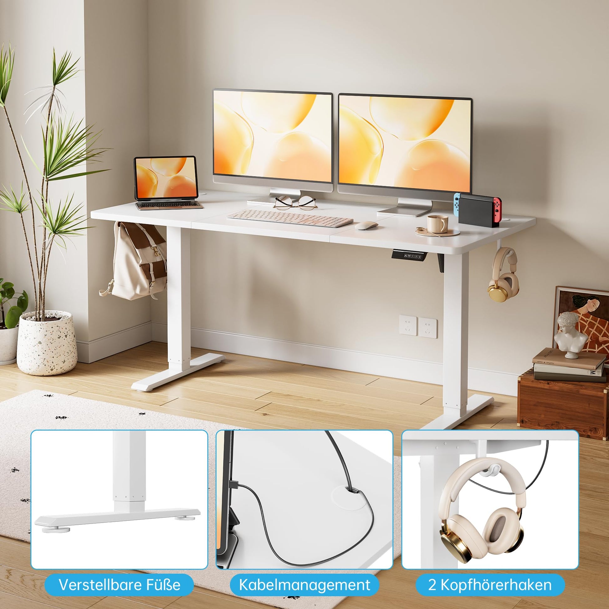 Scrivania elettrica regolabile in altezza Garvee con comando manuale con memoria per ufficio, 120x60 cm, bianco