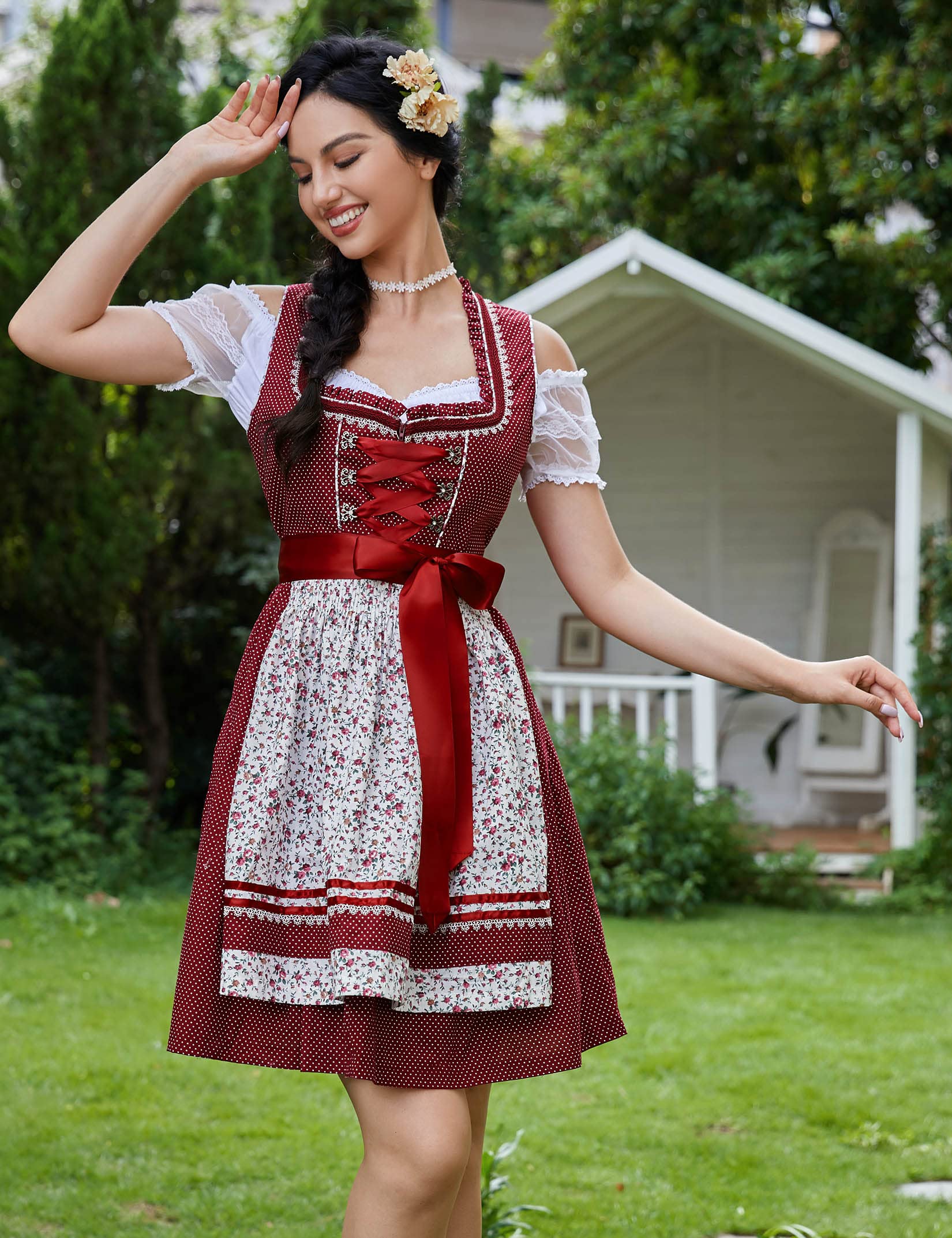 Garvee Abito tradizionale da donna Dirndl Midi Borgogna Floreale Taglia 34 - Set tre pezzi Abito Camicetta Grembiule per l'Oktoberfest
