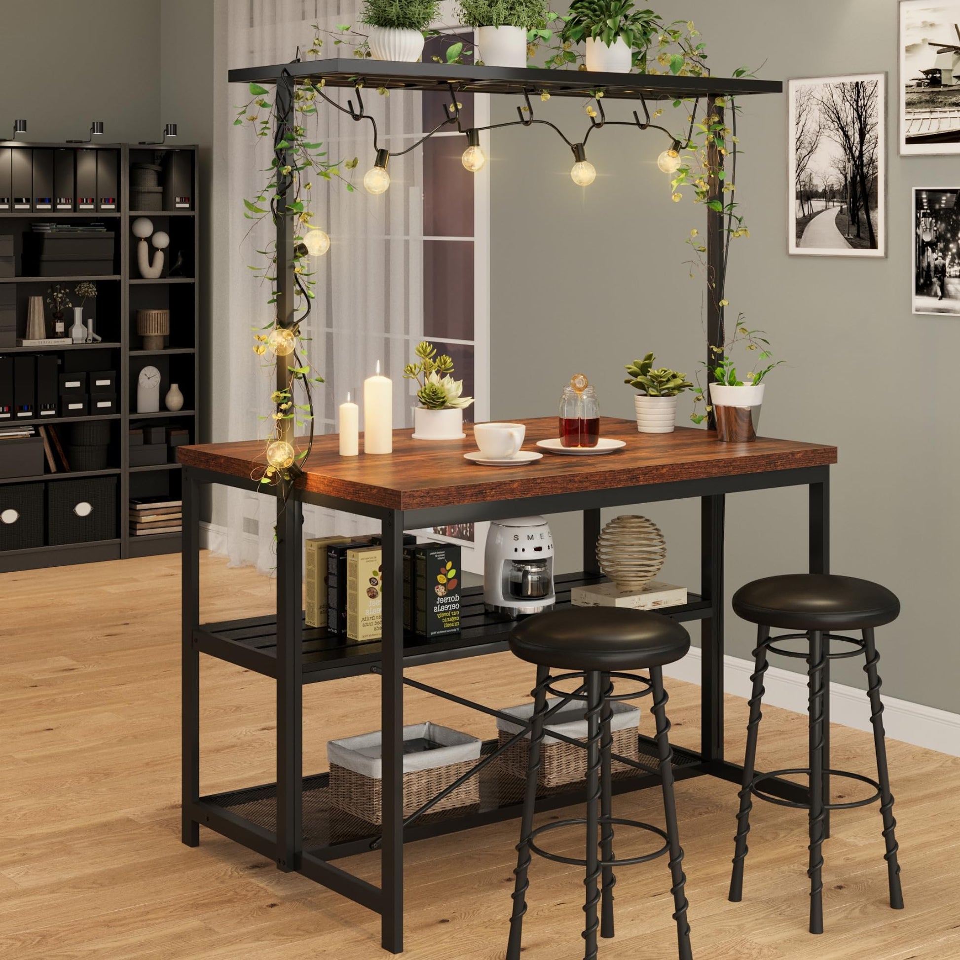 Isola da cucina Garvee con spazio di archiviazione, tavolo da 42", ripiani a 3 livelli, 5 ganci, MDF e metallo per cucina e sala da pranzo, versatile, zona pranzo, grigio