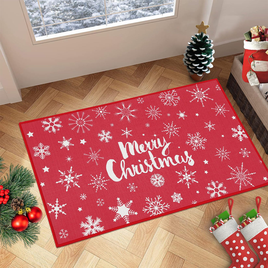 Garvee Alfombrilla Navideña Antideslizante Con Copos De Nieve, Resistente Imitación Cáñamo, 50x80 cm, Rojo, Para Interiores Y Exteriores