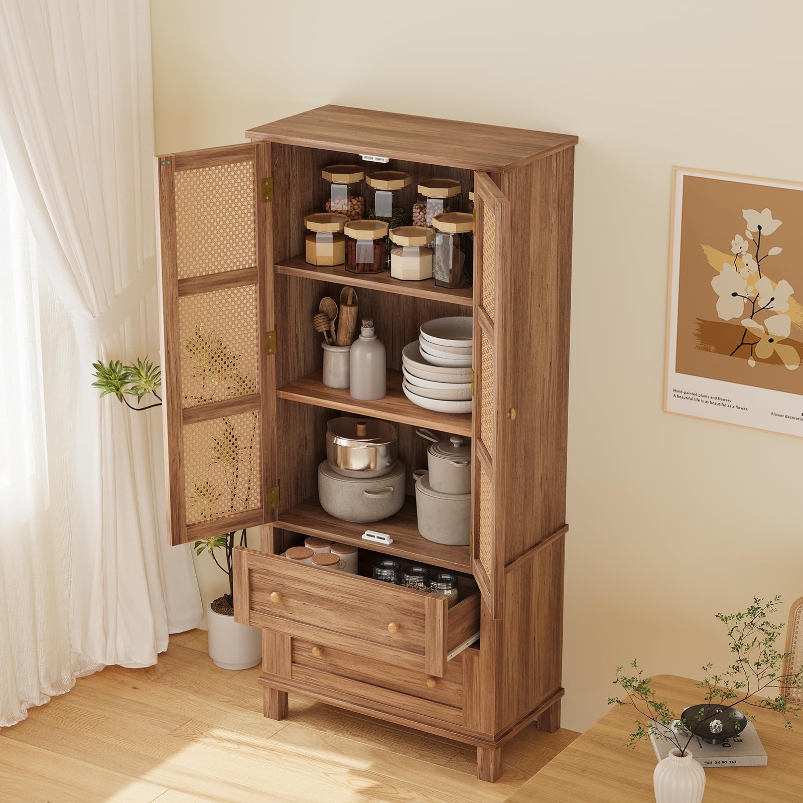 Garvee Armadio Dispensa Cucina Rattan 2 Porte 2 Ripiani Regolabili Legno Massello 64" Noce Rustico