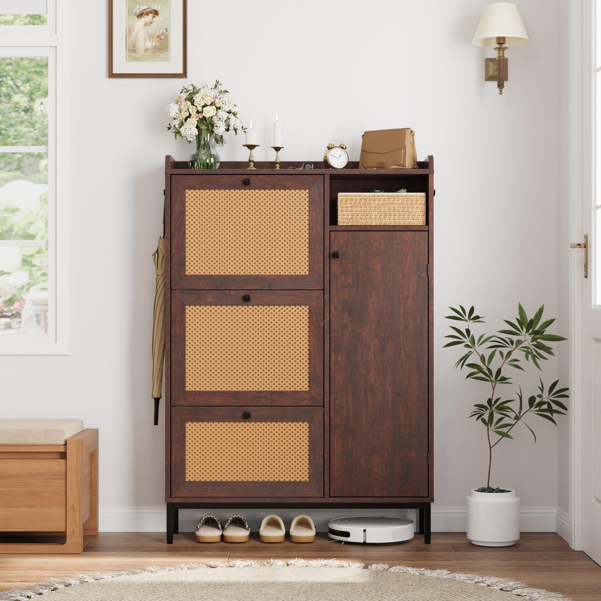 Scarpiera Garvee in rattan con 3 cassetti a scomparsa, ripiani regolabili, MDF, gambe in metallo, per corridoio e ingresso, grande, colore naturale