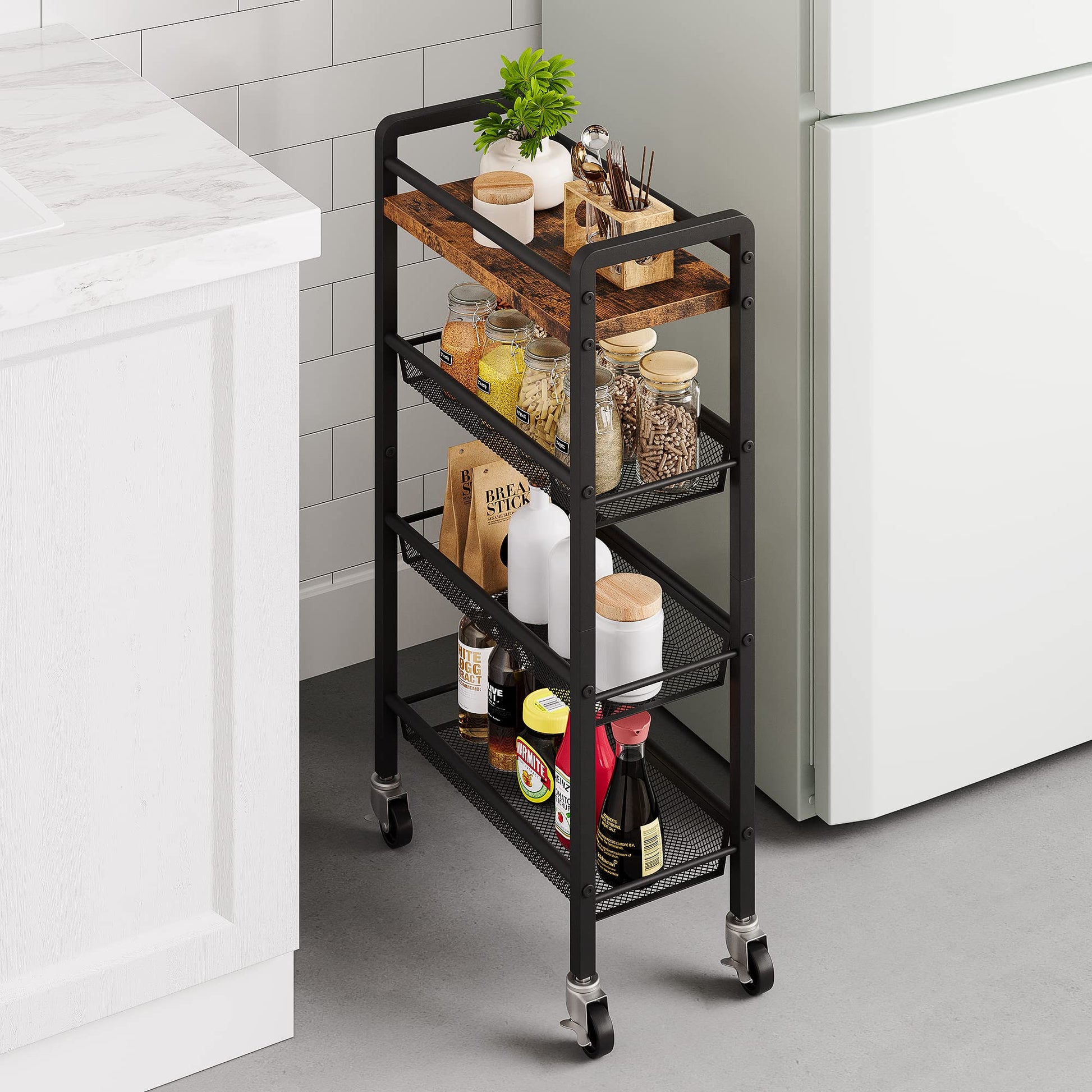 Garvee Chariot De Rangement À 4 Niveaux Mit Paniers Extractibles Und Roulettes Für Küche und Service, 41.3x20.2x81.7 cm, Braun Schwarz
