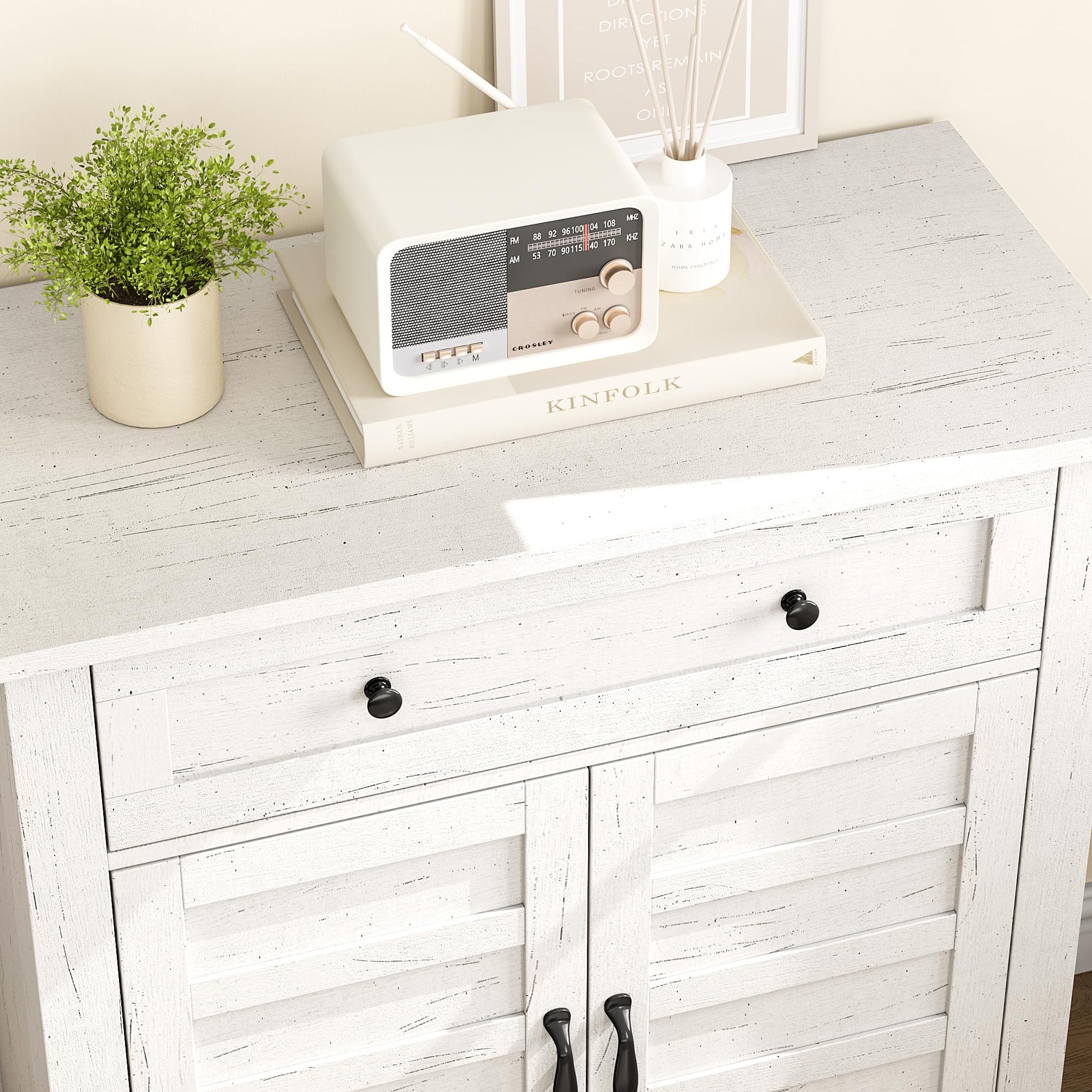 Mobiletto portaoggetti Garvee Farmhouse, ripiano regolabile a 3 livelli, 7 marce, bianco, per cucina e corridoio, 15,7x31,5x36 pollici, rustico