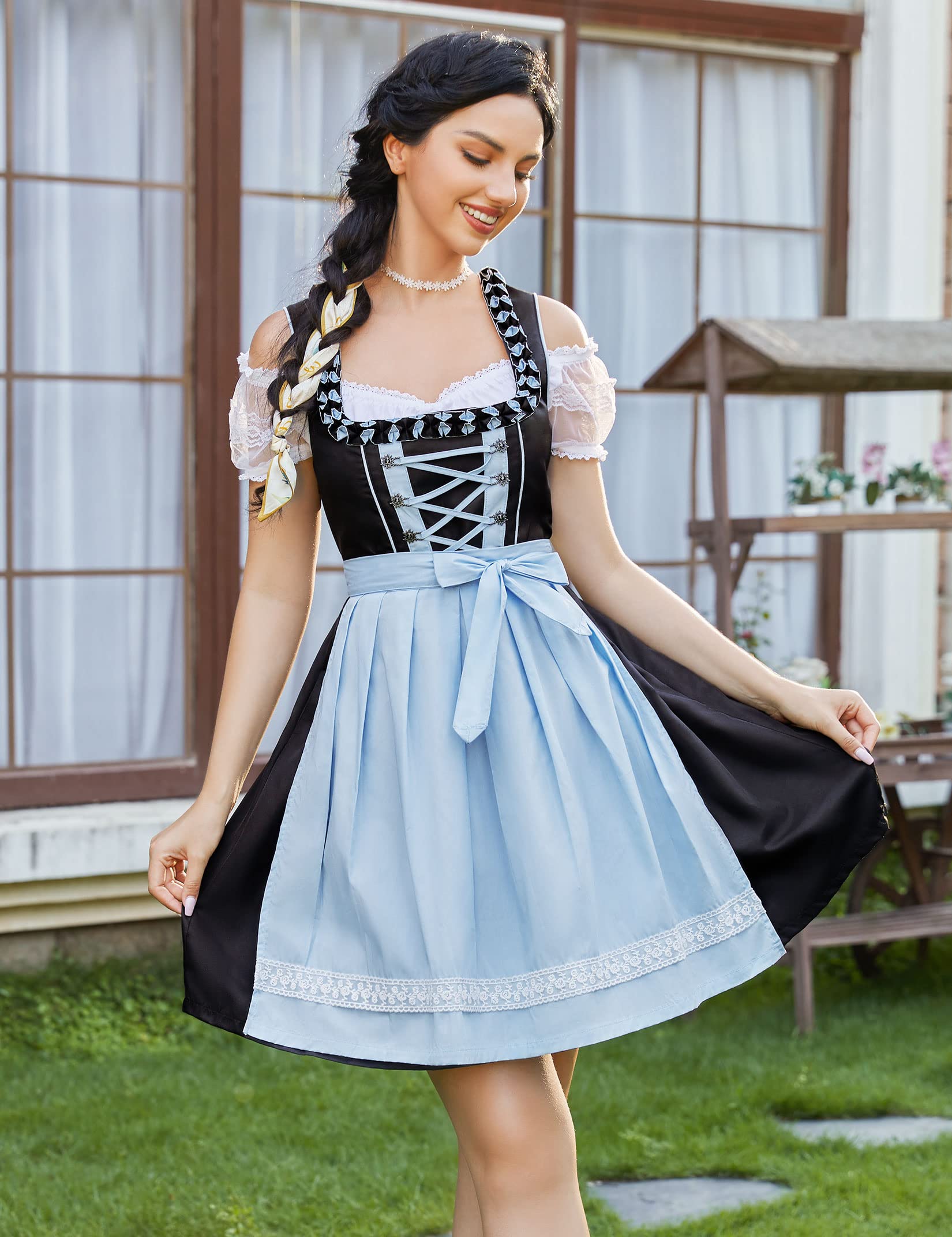 Garvee - Abito tradizionale corto Dirndl in 3 pezzi per l'Oktoberfest, blu, taglia 36