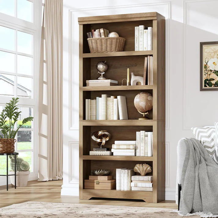 Garvee Libreria Rustica Alta 190,5 cm con 2-6 Ripiani Regolabili, Struttura MDF Robusta, Design Elegante, Anti-Ribaltamento, per Soggiorno e Studio, Neutra