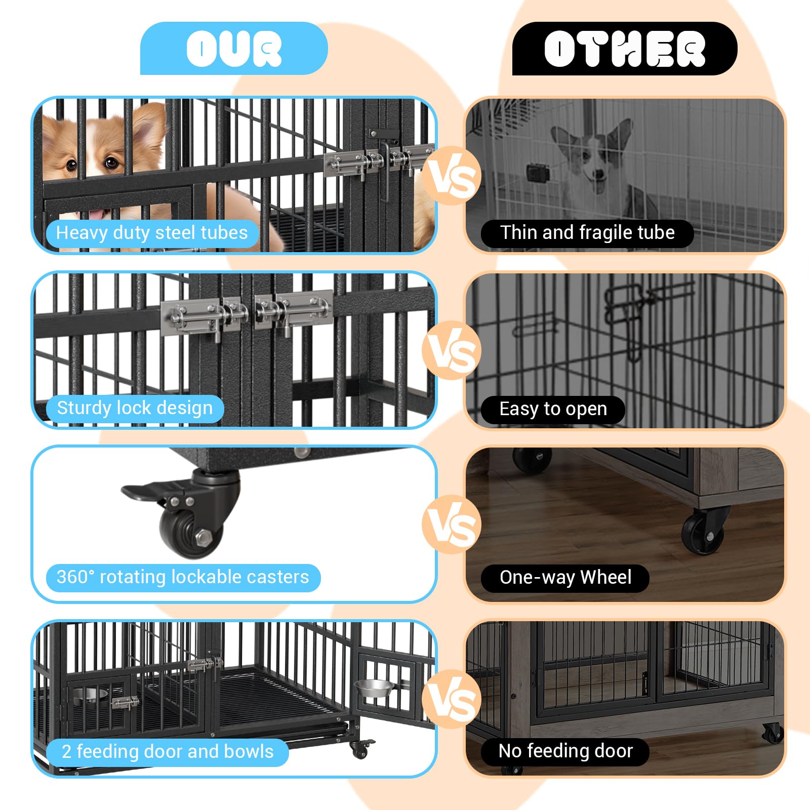 Garvee Heavy Duty Dog Crate da 42 pollici con doppia porta, ruote girevoli a 360°, struttura in metallo, vassoio rimovibile, divisorio, uso interno per cani di piccola e grande taglia, nero