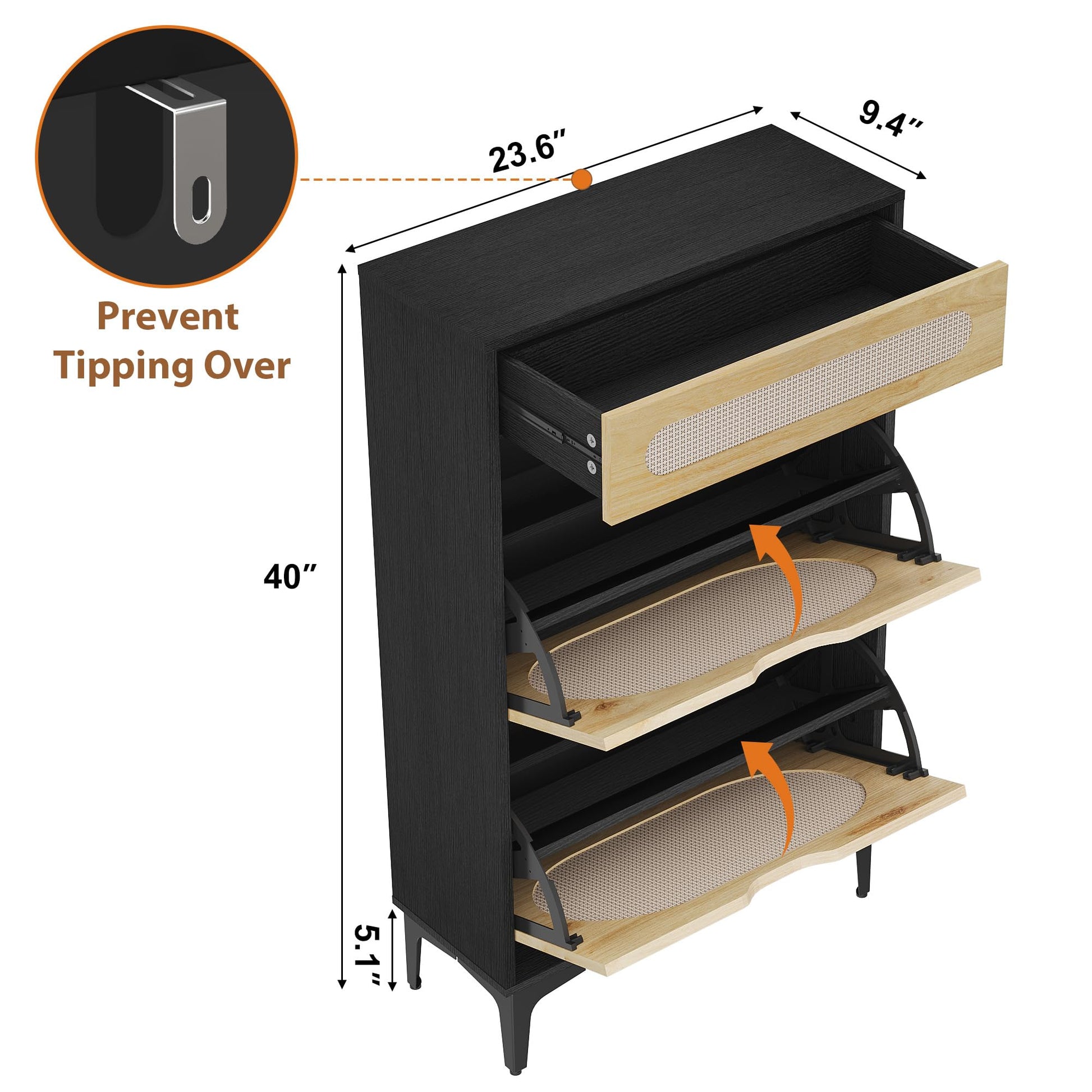 Scarpiera in rattan Garvee con 2 cassetti pieghevoli e 1 cassetto estraibile per corridoio e ingresso, 3 ripiani regolabili, nero, robusta, traspirante