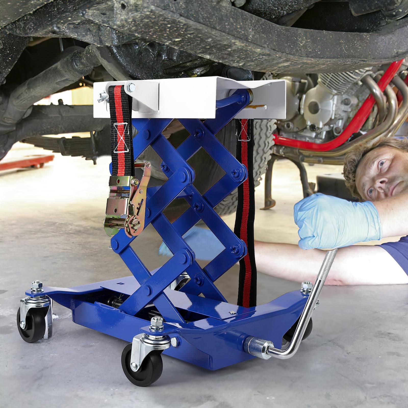 Cric idraulico a basso profilo da 450 libbre, corsa da 7 a 23 pollici, blu