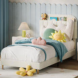 Struttura per letto singolo Garvee con rivestimento in velluto e testiera a libreria per cameretta dei bambini, bianco crema, gambe in acciaio robuste, silenzioso, facile da montare - Beige