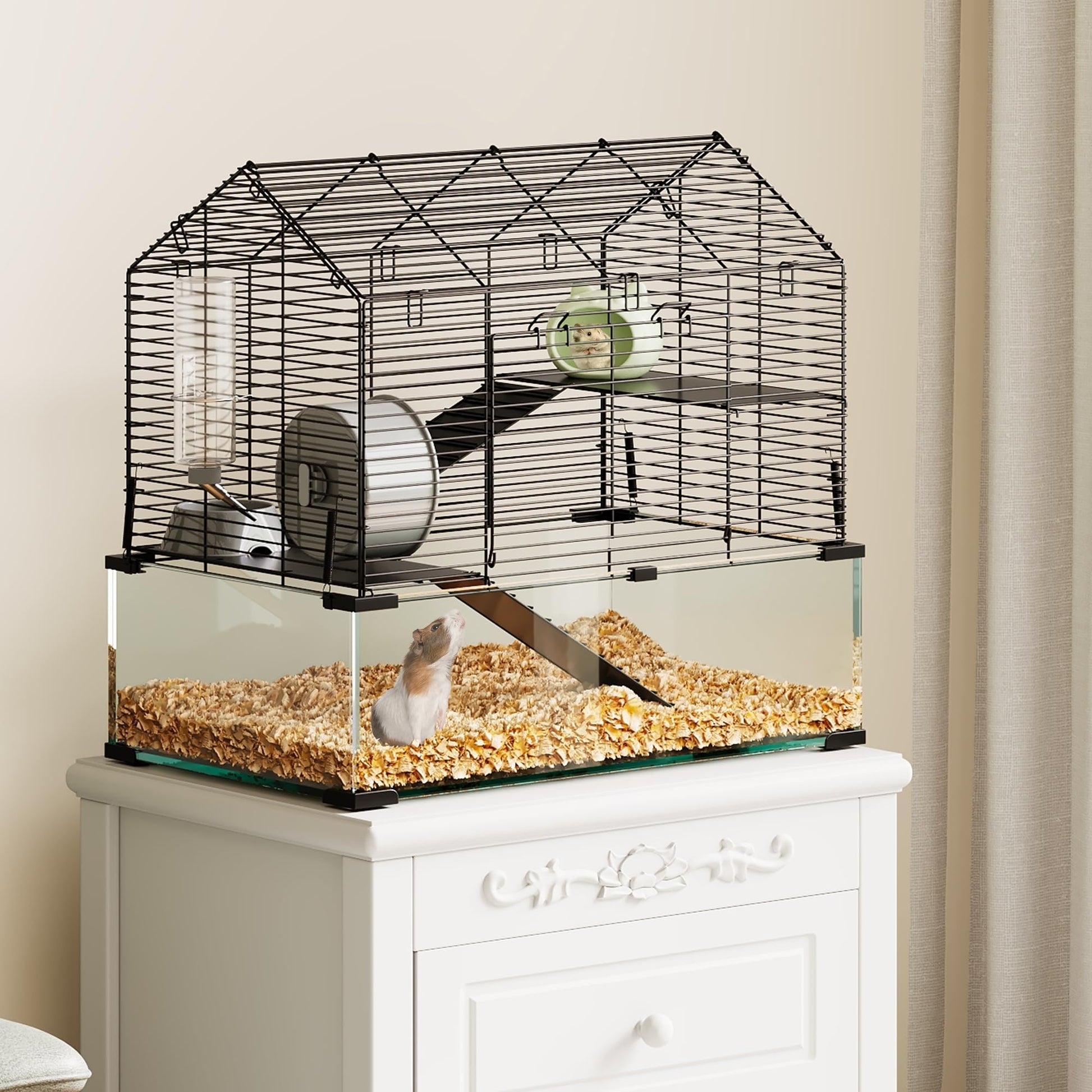 Gabbia per criceti Garvee Large a 3 piani con ruota per esercizi, cibo e acqua, fondo in vetro per criceti nani e gerbilli, casa e parco giochi, 22,83"x15"x21,25", robusta e ben ventilata
