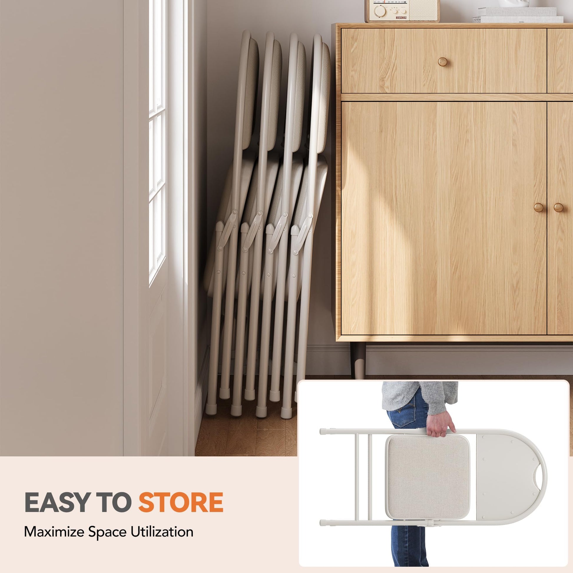 Garvee Set di 4 sedie pieghevoli con cuscini, fodere in lino, robuste strutture in metallo per ufficio ed eventi, beige, pieghevoli, ergonomiche