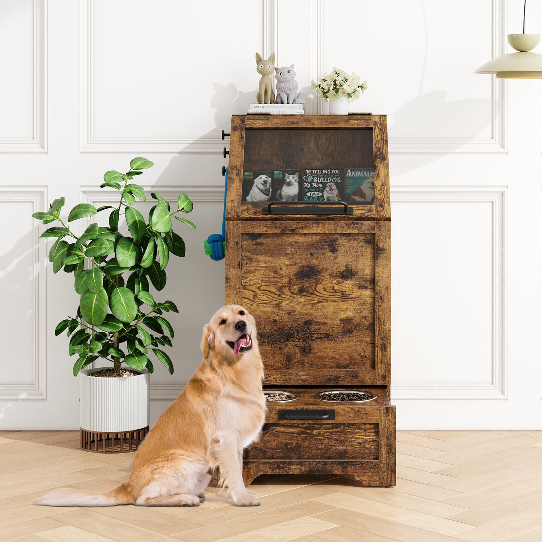 Stazione di alimentazione per cani Garvee con 2 ciotole rialzate in acciaio inossidabile, contenitore per alimenti con coperchio ribaltabile, ampio spazio di archiviazione per soggiorno e balcone, robusta, in legno, mangiatoia nascosta