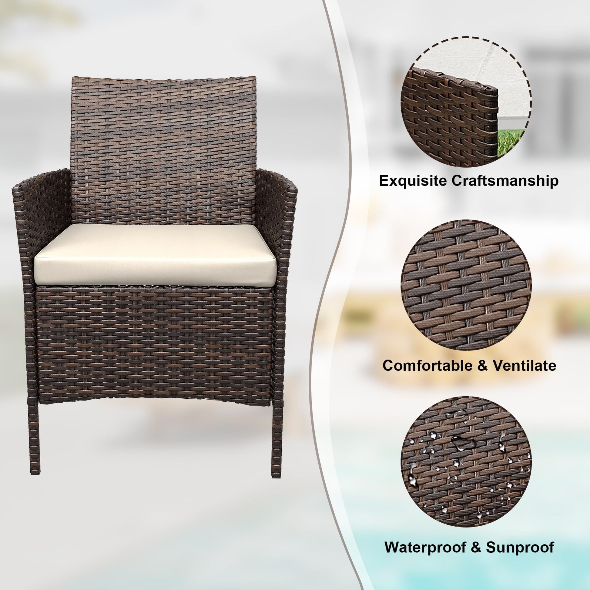 Set di mobili da giardino Garvee, 3 pezzi, rattan PE, sedie ergonomiche, tavolo in vetro, resistente alle intemperie, marrone-beige, balcone, giardino
