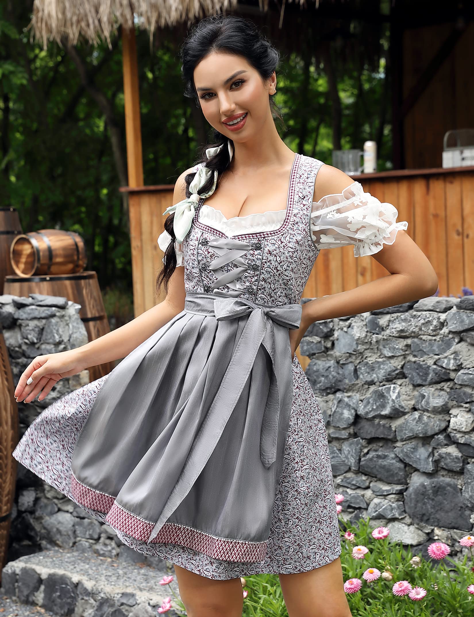 Garvee Dirndl corto midi da donna, abito tradizionale, set da tre pezzi per l'Oktoberfest, fiori di anacardi, taglia 36