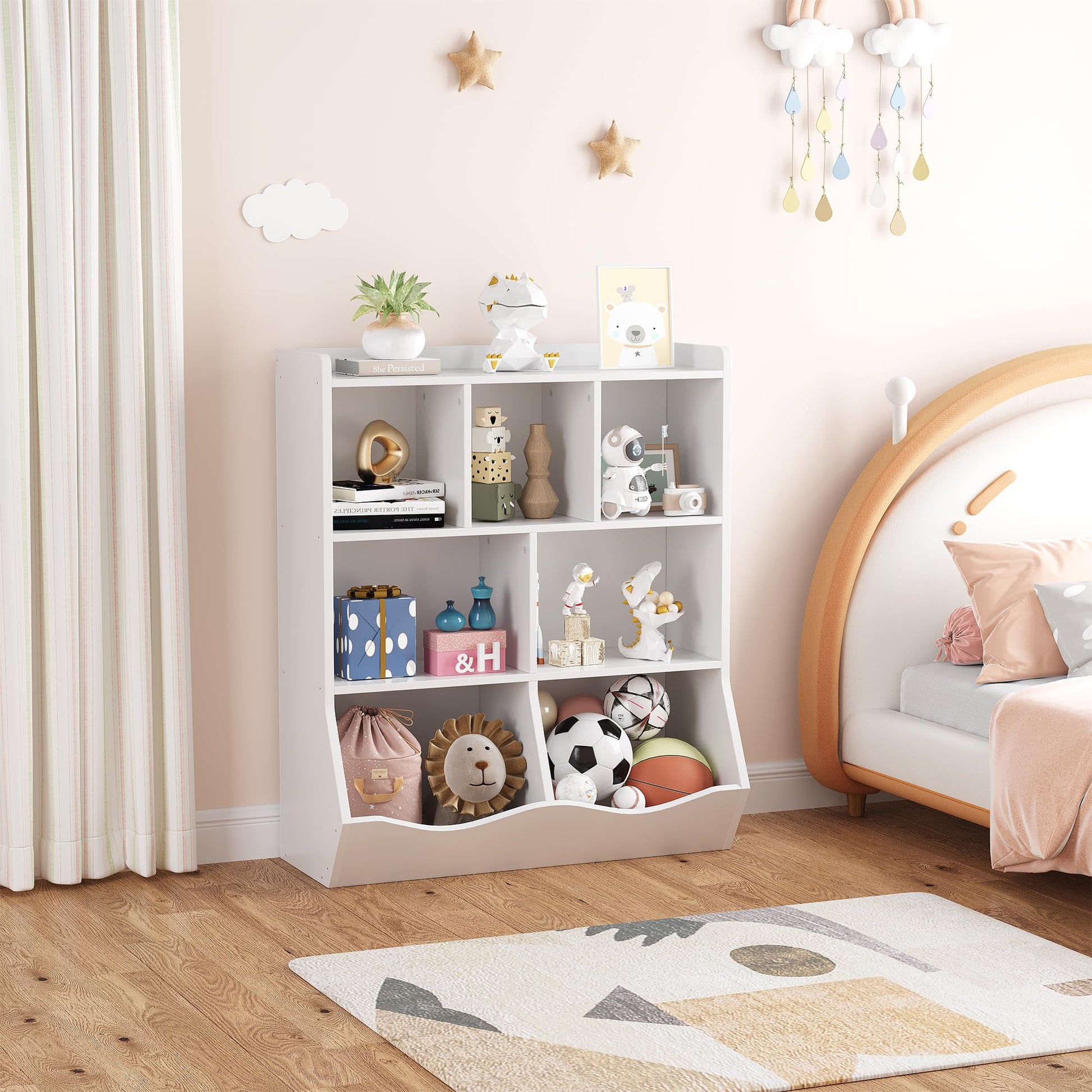 Mobiletto portaoggetti bianco Garvee per bambini, libreria a 3 ripiani, antiribaltamento, robusto mobiletto in legno per sala giochi