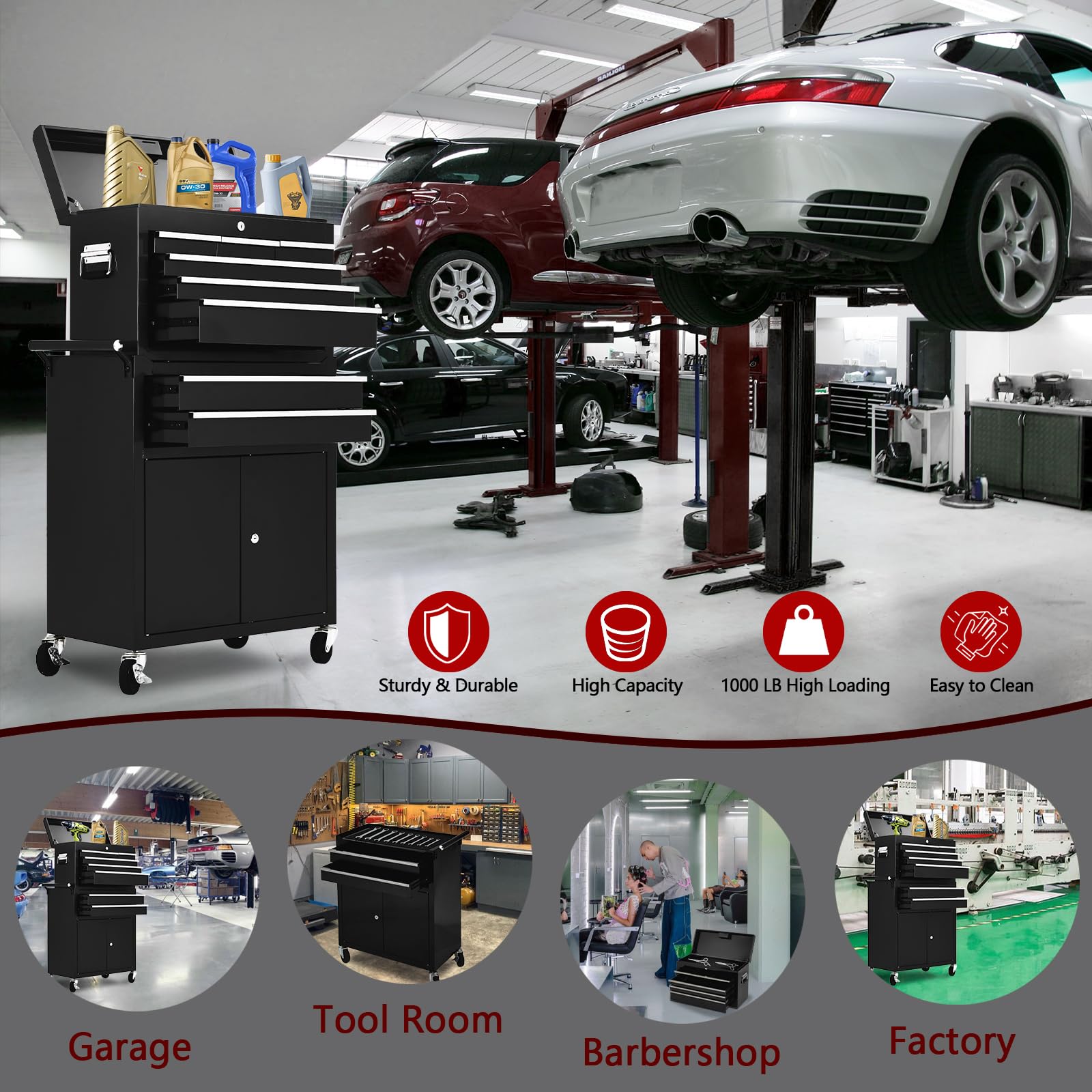 Armadio portautensili Garvee con 8 cassetti, mobile, 2 in 1 staccabile, in metallo, con serratura, per officina e garage, 24 pollici, nero