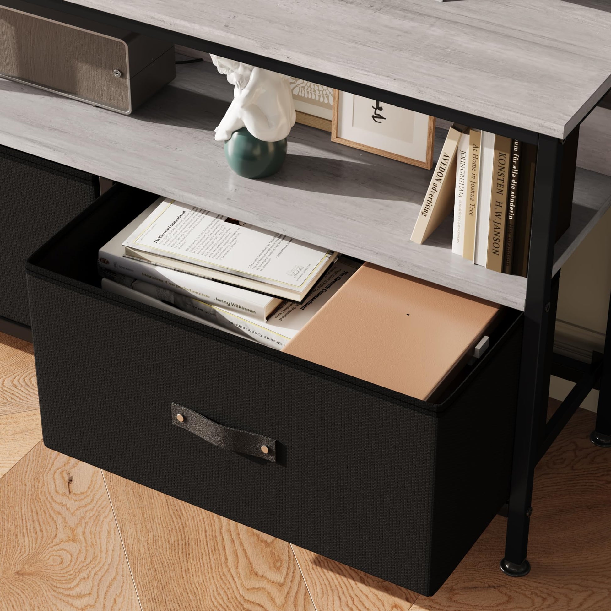 Mobile TV Garvee da 50 pollici, mobiletto TV compatto per soggiorno, 2 cassetti, legno grigio, cassetti neri, consolle TV in stile cassettiera, camera da letto