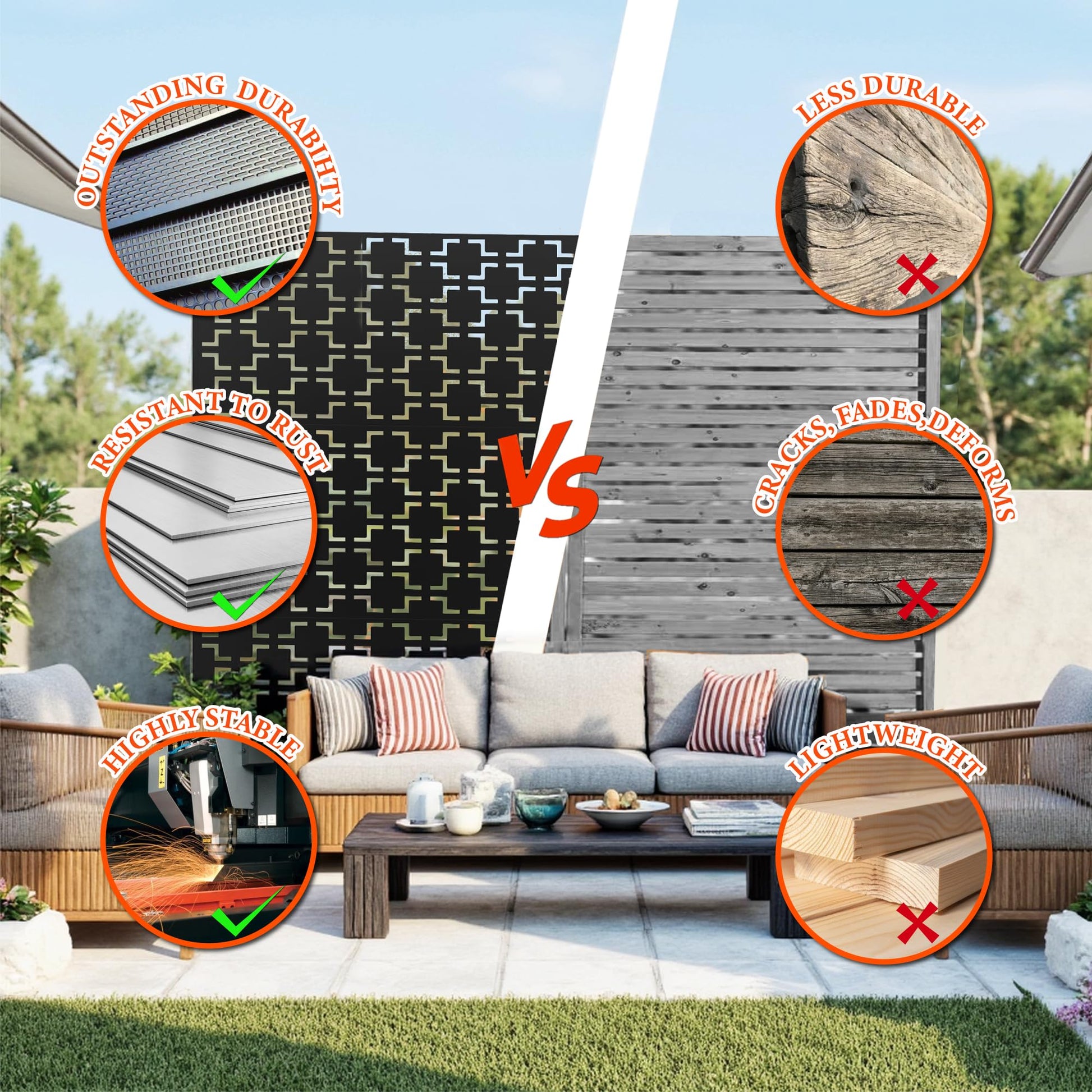 Garvee Metal Privacy Screen 72"x47" Robusto acciaio verniciato a polvere autoportante per giardino e balcone resistente alle intemperie