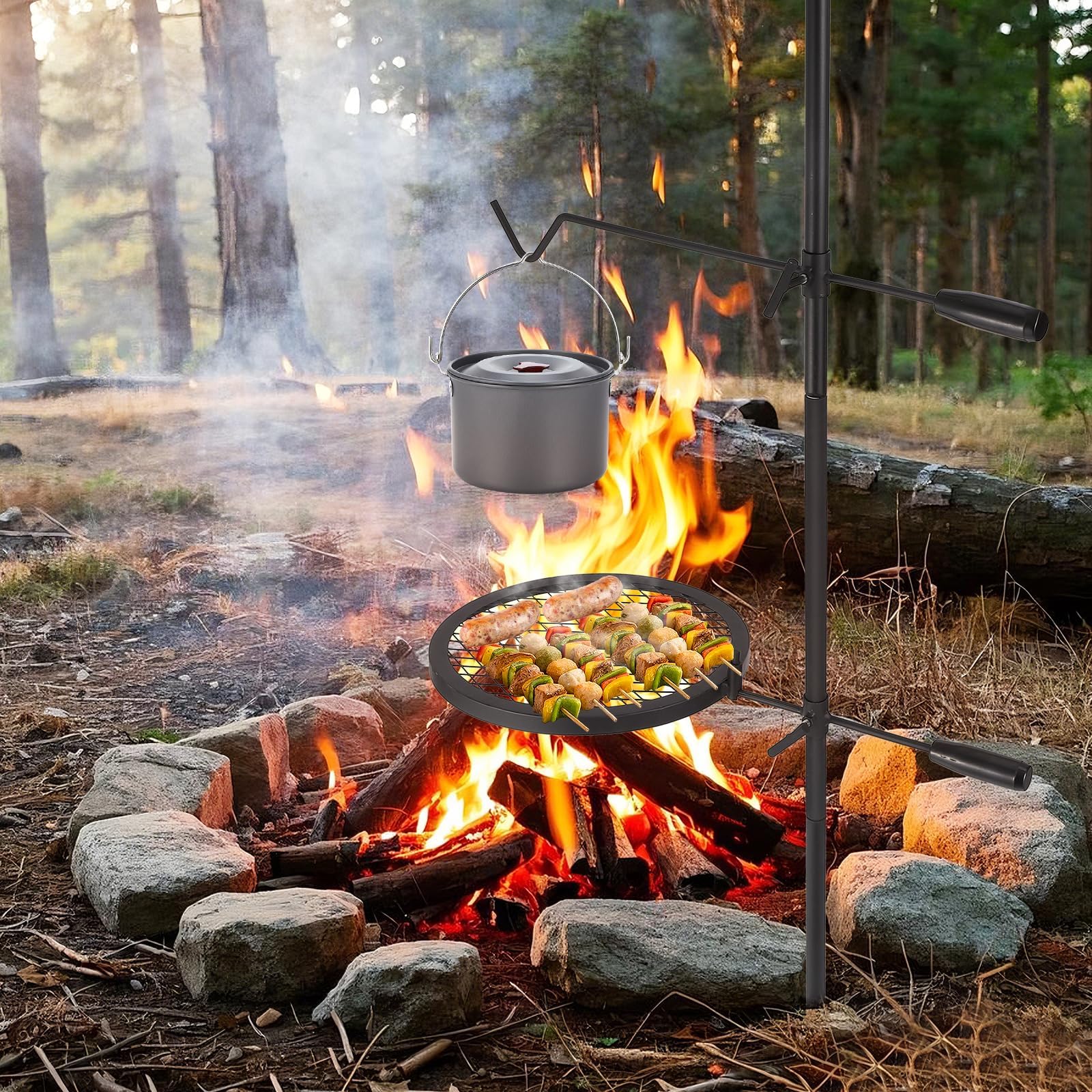 Griglia girevole per falò Garvee, regolabile a 360°, pieghevole, in rete di acciaio, portatile con borsa per il trasporto, per campeggio e barbecue