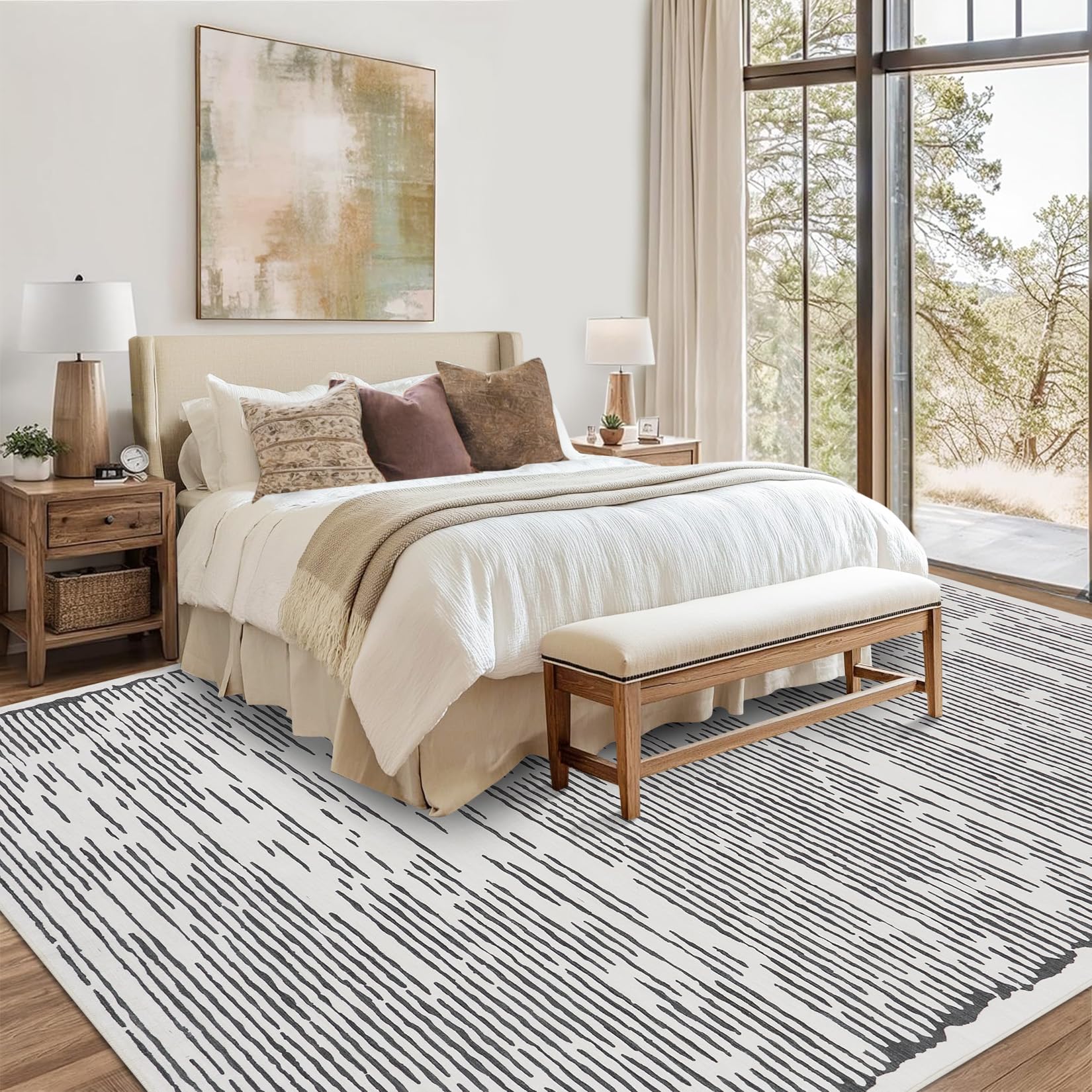 Tappeto a pelo corto Garvee 120x170cm, lavabile, grigio chiaro, per soggiorno, camera da letto, motivo a linee minimaliste, soffice, morbido e antiscivolo.