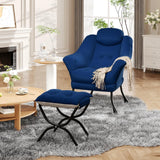 Garvee Poltrona Comoda Lazy con Pouf Ergonomica Braccioli Tessuto Velluto Struttura Acciaio per Soggiorno e Camera - Blue 100 Dutch Velvet Hlr-60