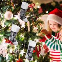 Garvee Set di 3 calze natalizie a quadri Buffalo da 20" con risvolto in peluche per camino e albero di Natale, grandi, a quadri bianchi e neri