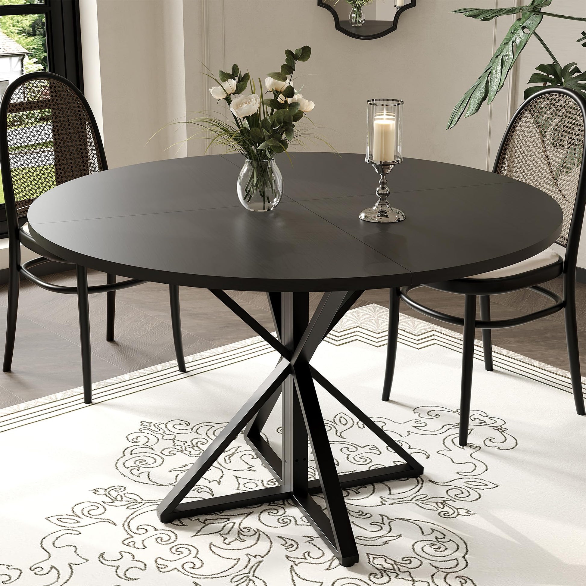 Tavolo da pranzo rotondo Garvee da 47 pollici con base in metallo per cucina e sala da pranzo, per 4-6 persone, piano in legno MDF, antigrafio, antiscivolo